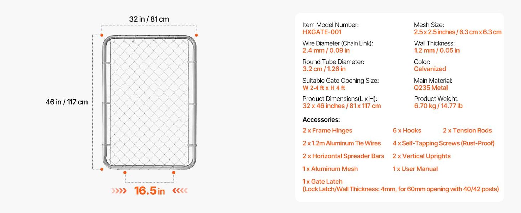 VEVOR Kettengliedzauntor, 72 x 48 Zoll, verstellbares Kettengliedzaunpanel, passend für 2,2-6 ft (B) x 6 ft (H) Gartentoröffnung, rostbeständiges verzinktes Zauntor für den Bauernhof, Pfosten nicht enthalten, 32x46 Zoll