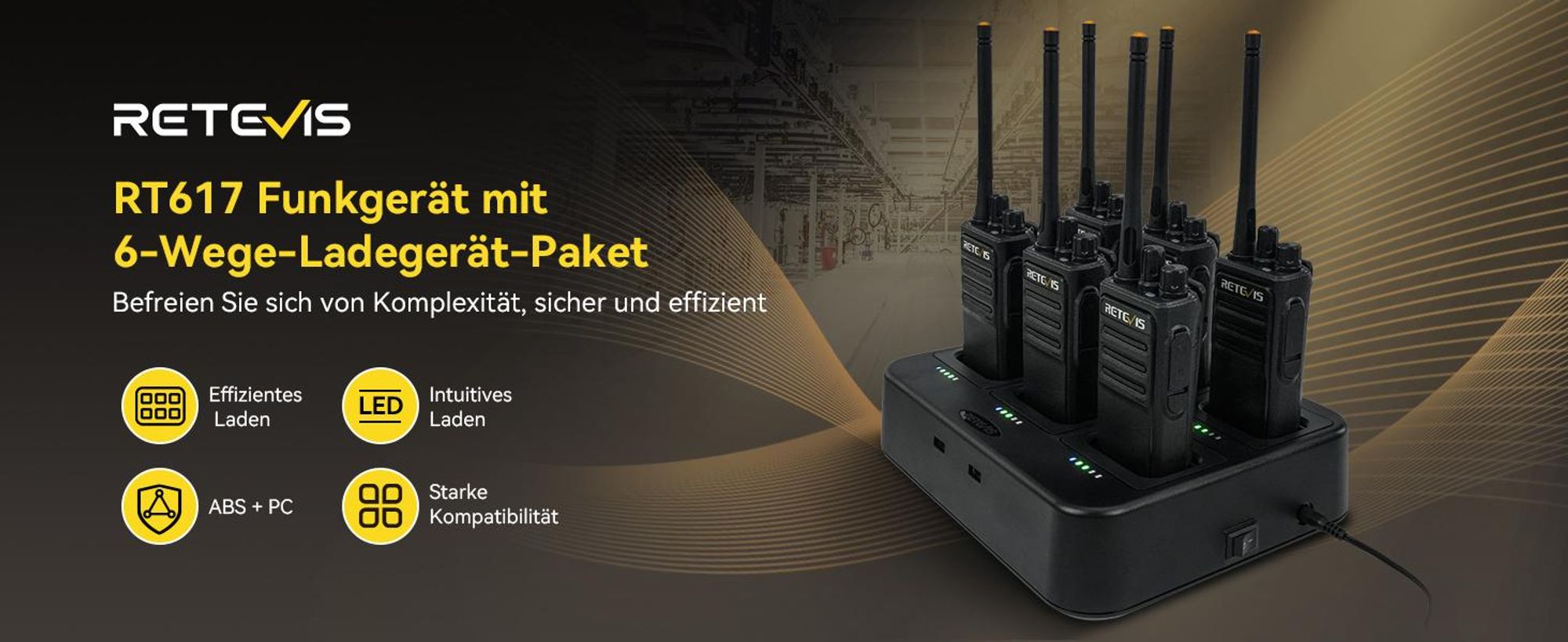 Retevis RT617 Funkgeräte Set, 6 Wege Lade Walkie Talkie, Herausnehmbarer Steckplatz, Ladekontrollleuchte, VOX, PMR Walki Talki für Kirche, Hersteller