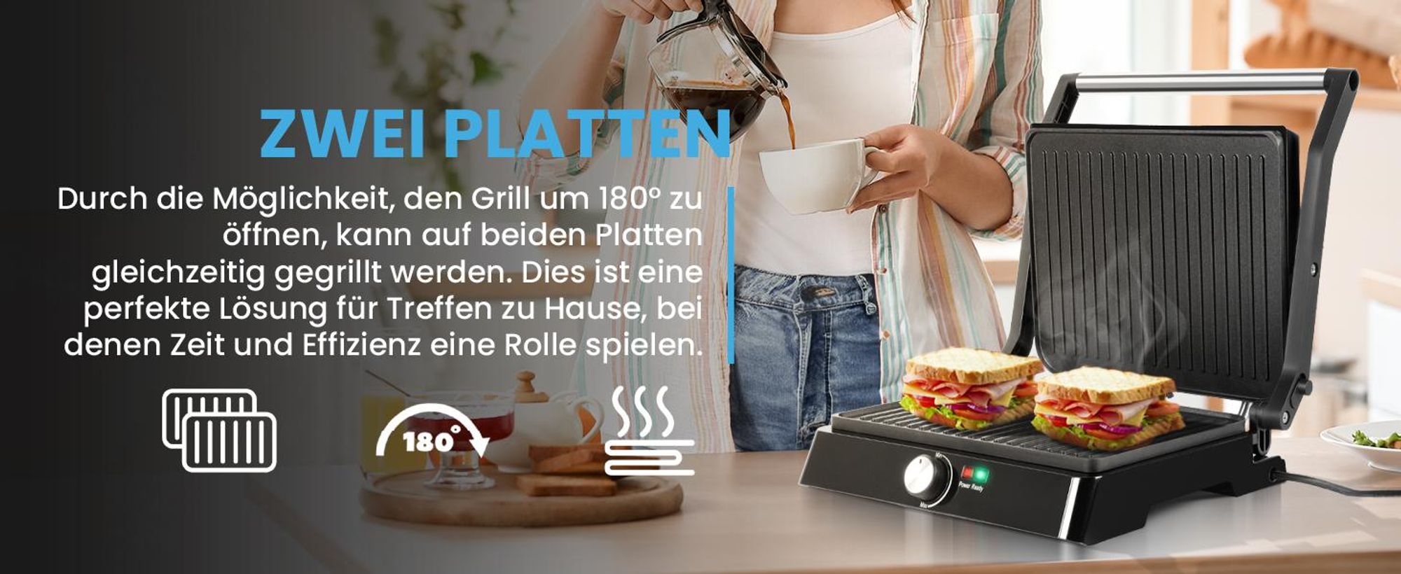 Elektrogrill Sandwichmaker Panini mit Fettauffangschale