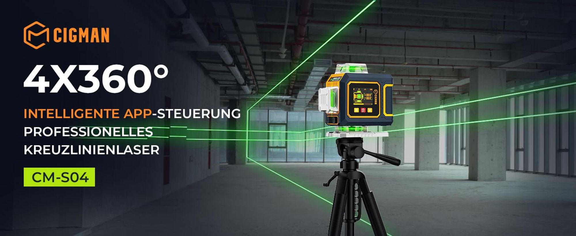 CIGMAN CM-S04 Kreuzlinienlaser 4x360° Grün mit App & LCD-Display