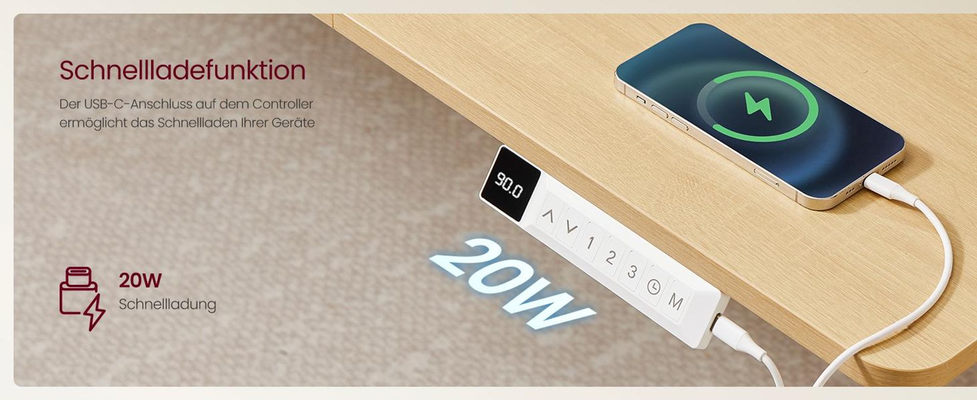 VASAGLE Elektrisch Höhenverstellbarer Schreibtisch, Stehpult mit Typ-C und Kabelmanagement für Home Office, 180 x 80 cm, Eichefarben