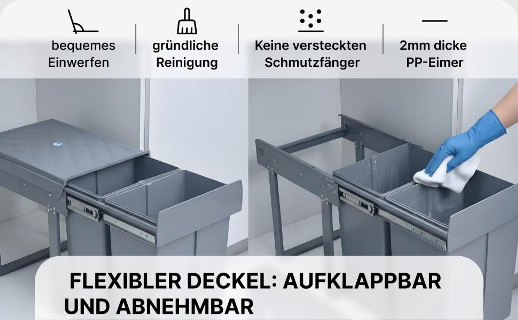 MinteLiv Einbaumülleimer 2x15L Mülltrennsystem Ausziehbar, Stahlrahmen, 48x33,5x35,3 cm