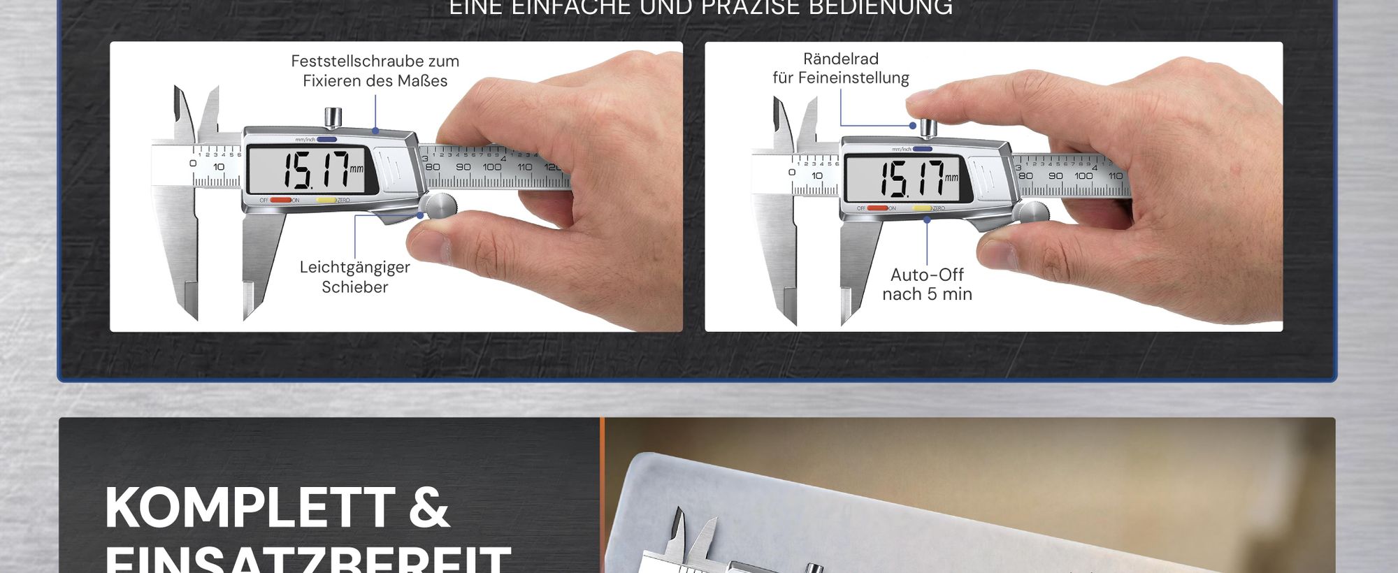 MONZANA® Messschieber Digital Edelstahl 150mm LCD Display Aufbewahrungsbox Ersatzbatterie Schieblehre Messlehre