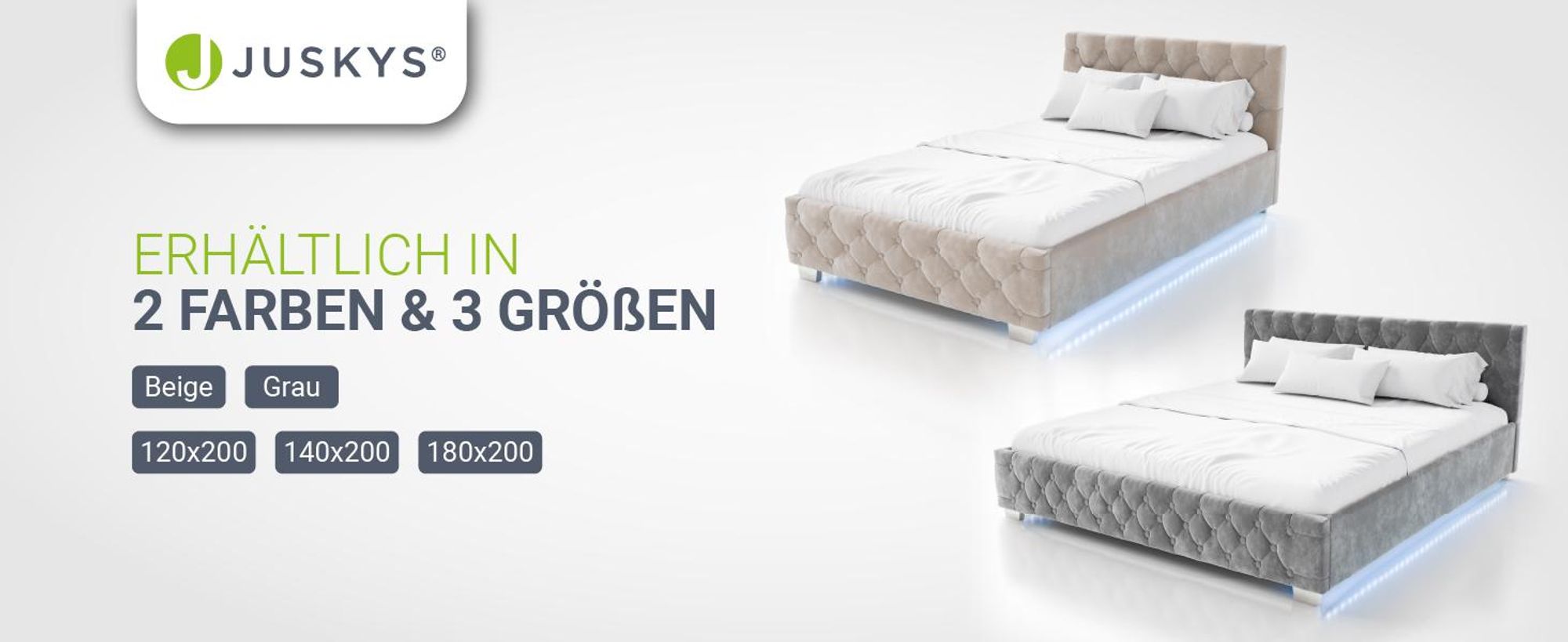 Juskys Polsterbett Nizza 140x200 cm Beige - Bettgestell mit Lattenrost, Stauraum & LED Beleuchtung - Bett mit Samtbezug & Chesterfield-Steppung