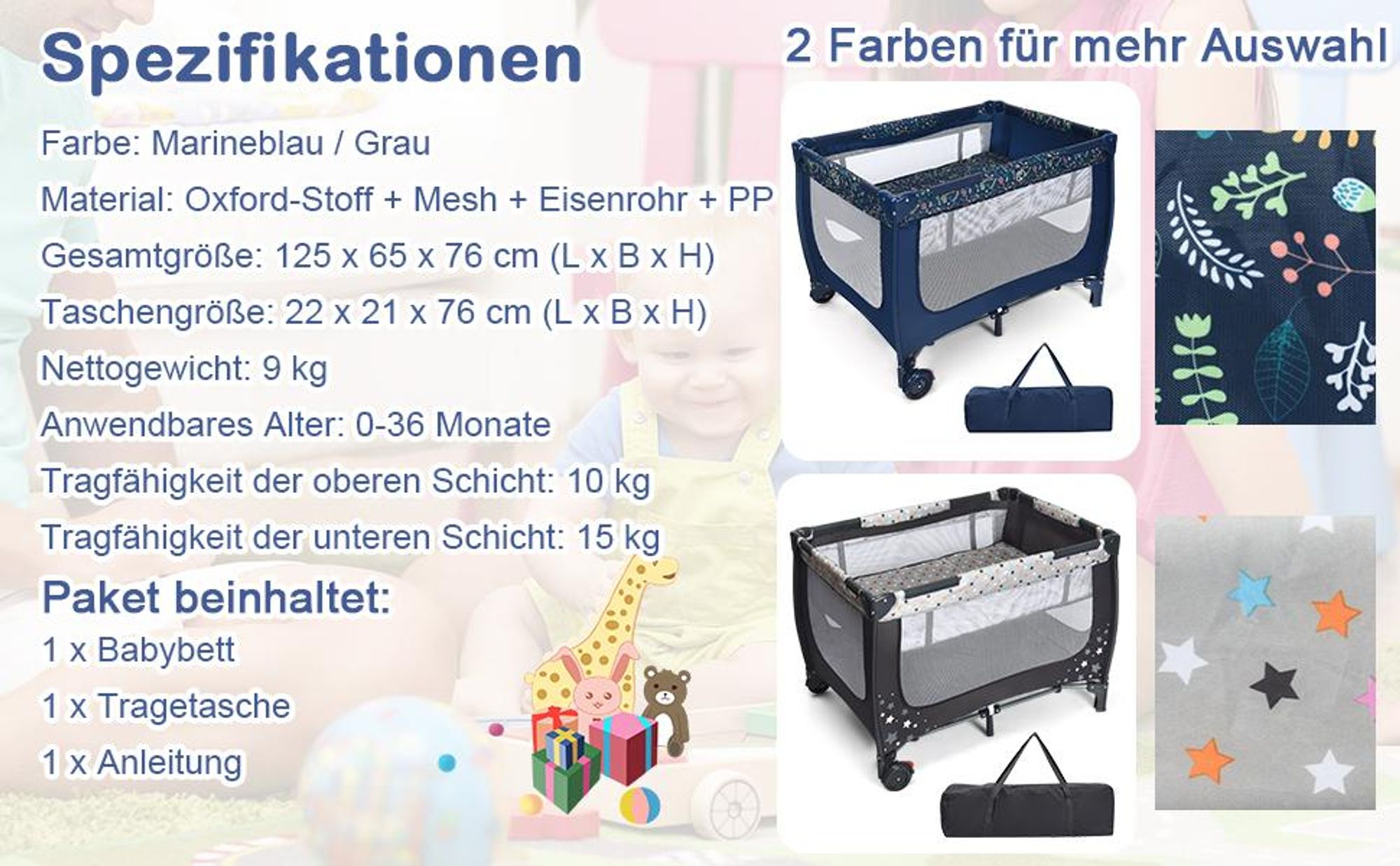 COSTWAY 2 in 1 Reisebett & Laufstall klappbar, 120 x 60cm Kinderbett, 2 Ebenen Babybett mit Matratze und Tragetasche (Grau)