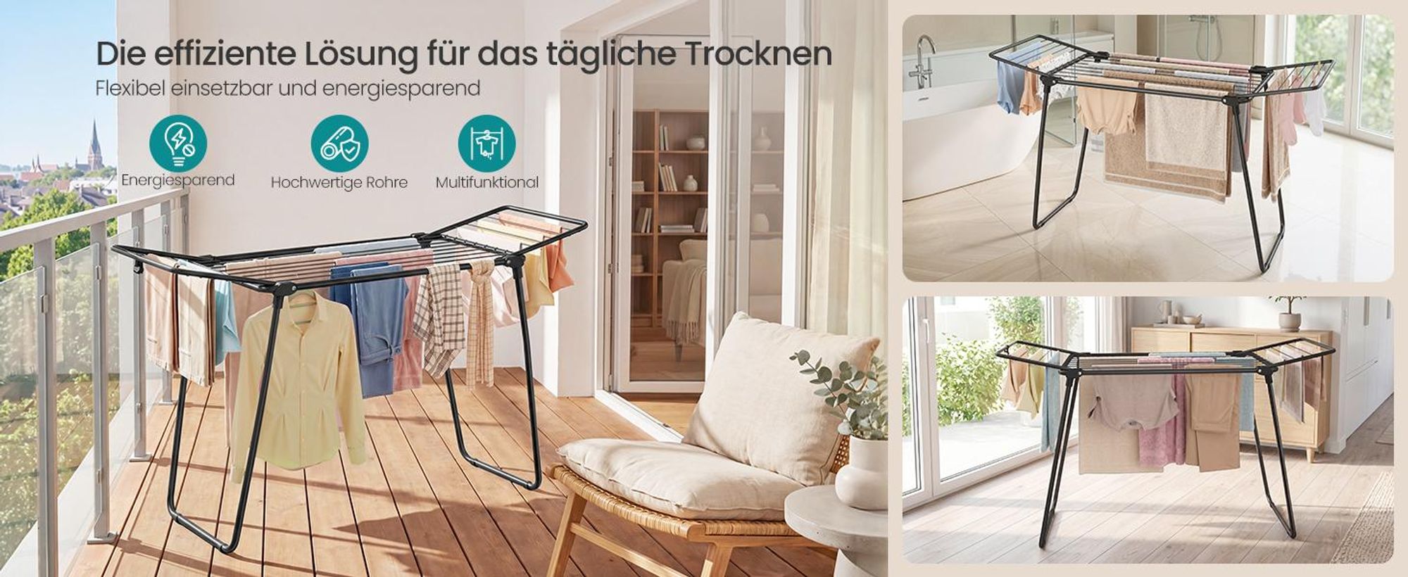 SONGMICS Wäscheständer, Standtrockner platzsparend, klappbar, 158 x 53 x 93 cm, Sockenhalter, schwarz