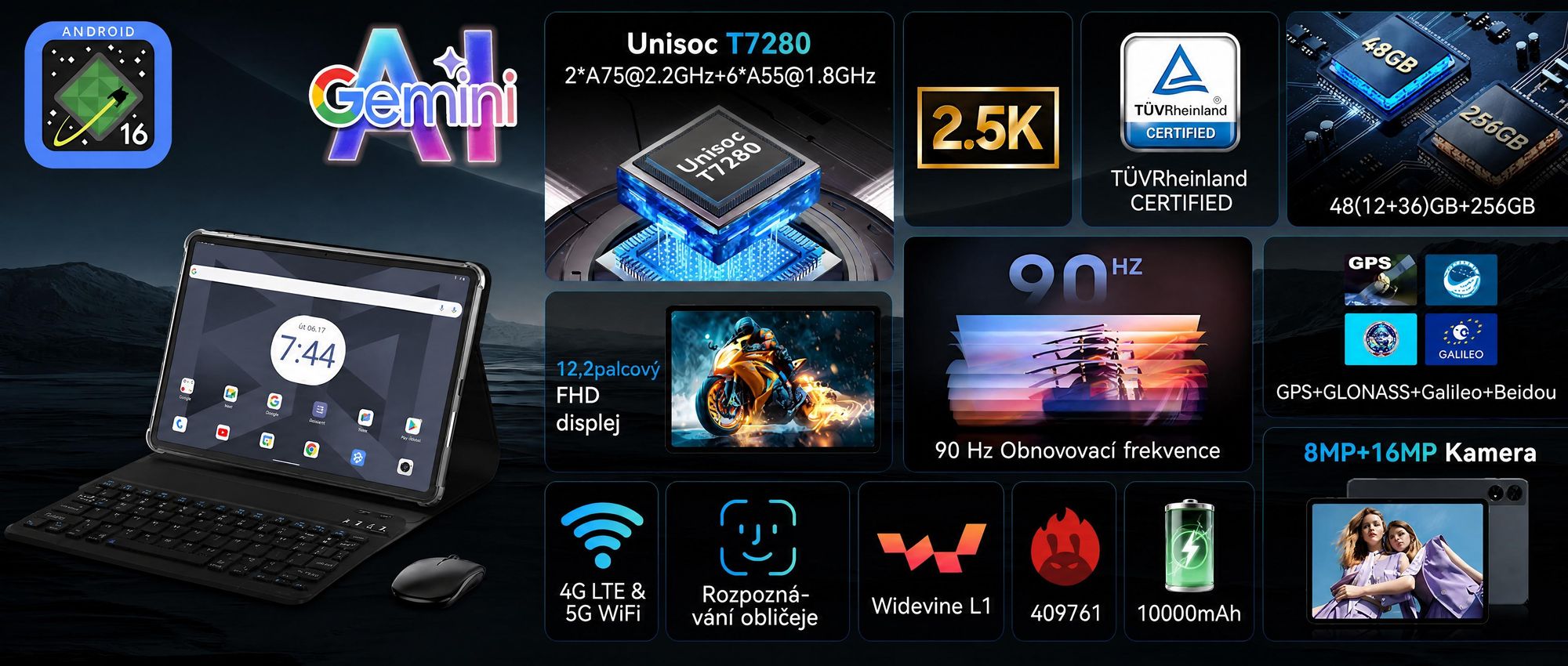 BESTTAB T60, 12,2" Android 16, tablet s procesorem Octa-Core, 48 GB RAM (12 + 36 GB), 256 GB/2 TB úložného prostoru a baterií s kapacitou 10000 mAh. Součástí balení je stylus, pouzdro, myš a klávesnice