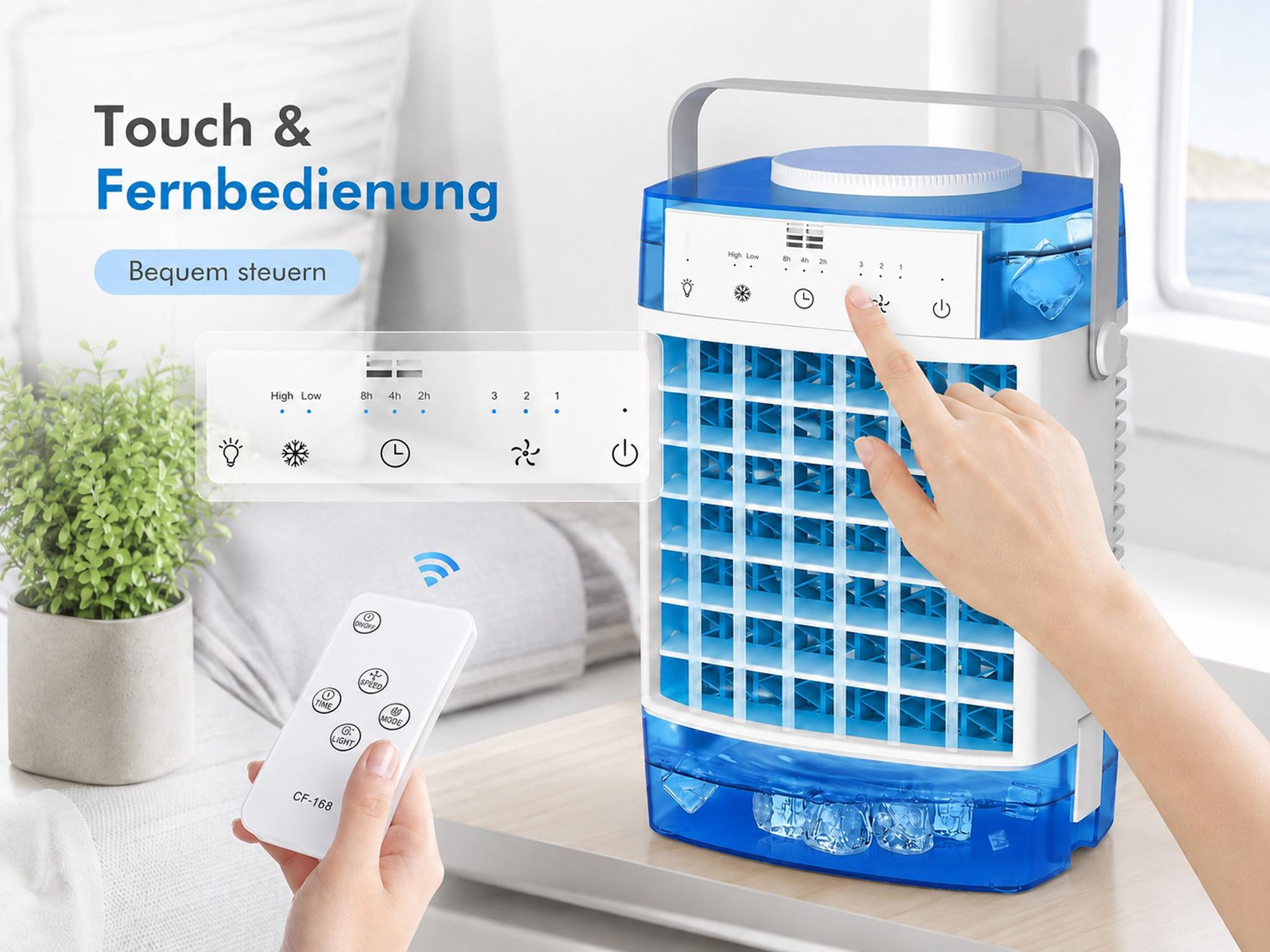 Mini Klimaanlage 4 in 1,Klimagerät Tragbar Leise,Ventilator mit Wasserkühlung 2 Modi 3 Geschwindigkeiten Timer RGB-Licht für Zimmer Camping,Blau