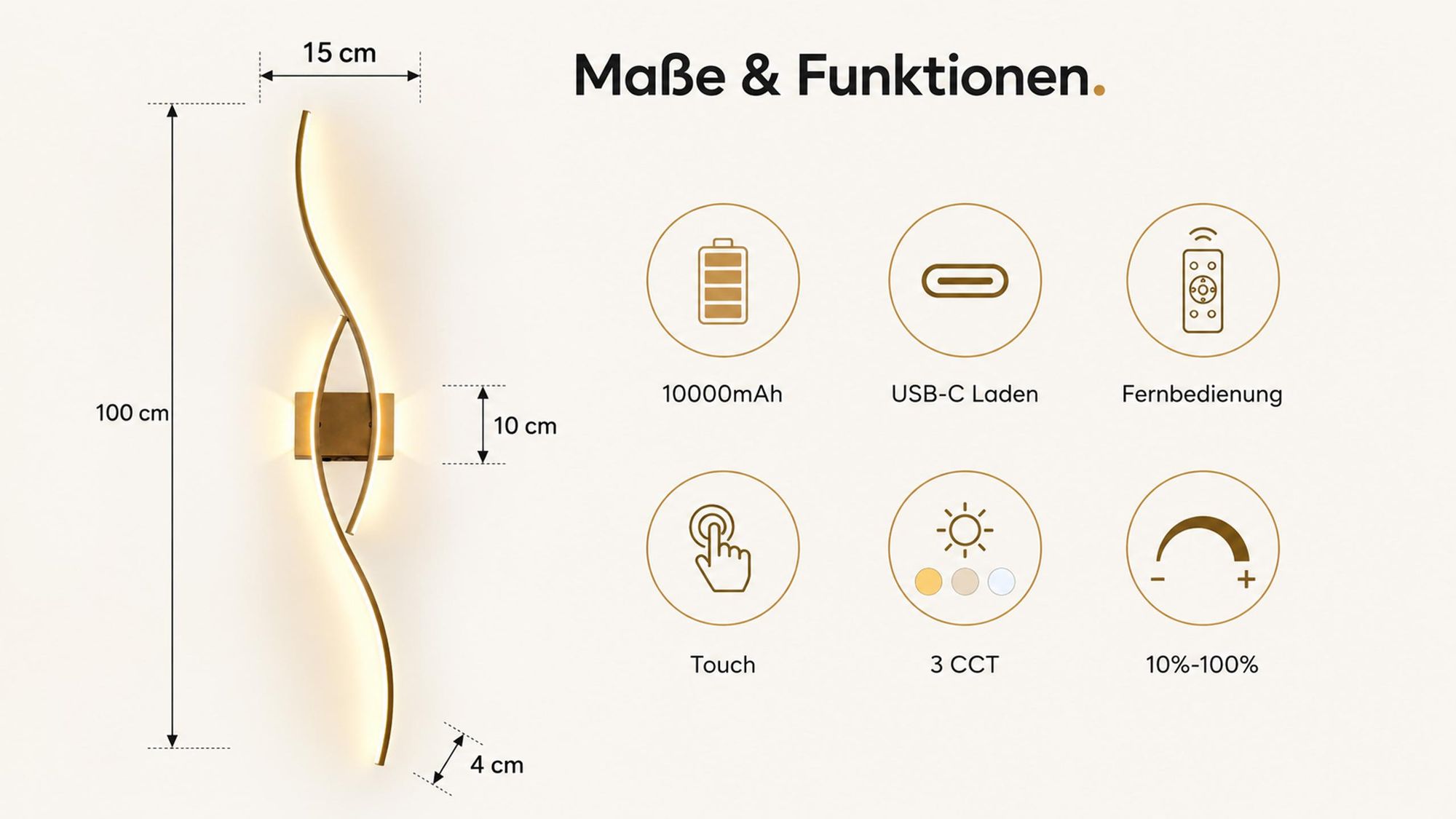 Akku Wandleuchte Innen 100cm 1Stk, Kabellos Wandlampe Gold mit Fernbedienung & Schalter 10000mAh Dual-Seitenlicht Flur Treppenhaus Schlafzimmer