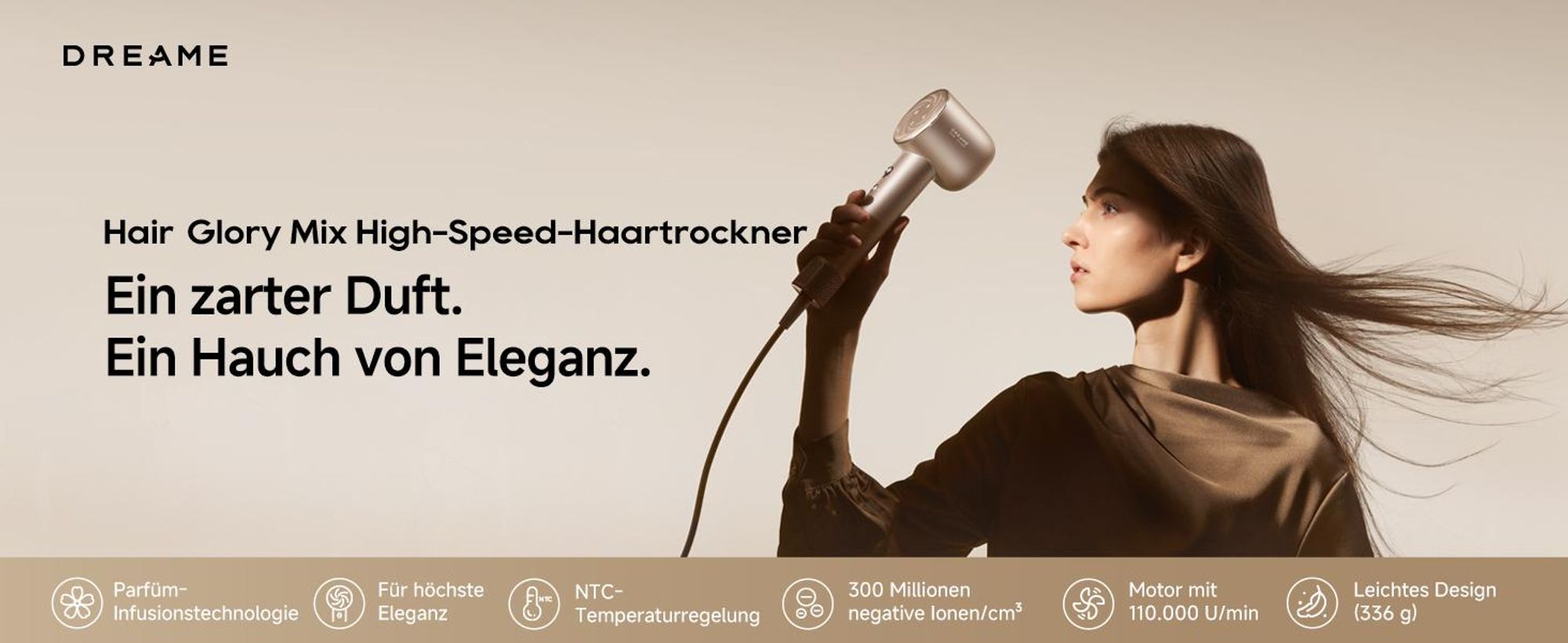 Dreame Glory Mix Haartrockner Mit Negativen Ionen,Aromatherapie-Haarpflege,3 austauschbare Multifunktionsdüsen,NTC 55℃ Temperaturregelung,110K RPM