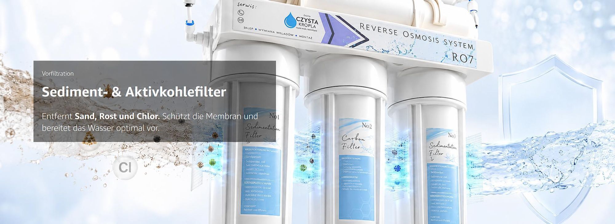 Wasserfilter Set RO7 mit 3-Wege Küchenarmatur Venom 2 Edelstahl, 7-stufige Umkehrosmose, Mineralisierung, Jonisierung