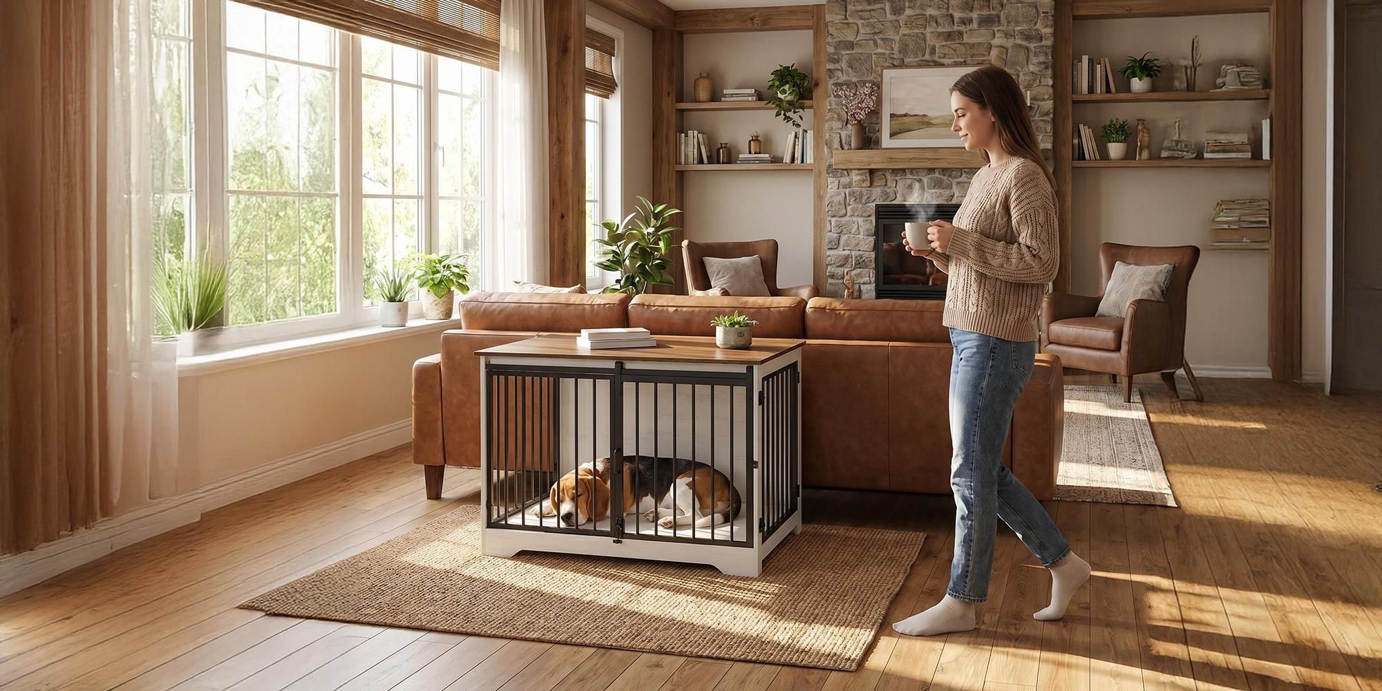 Hundekäfig Möbel, 100 cm Hundebox, 2 Türen, Weiß Braun | Schiebetüren, Moderne Hundebox Holz Indoor für Mittlere/Große Hunde, Hundekäfig für Zuhause