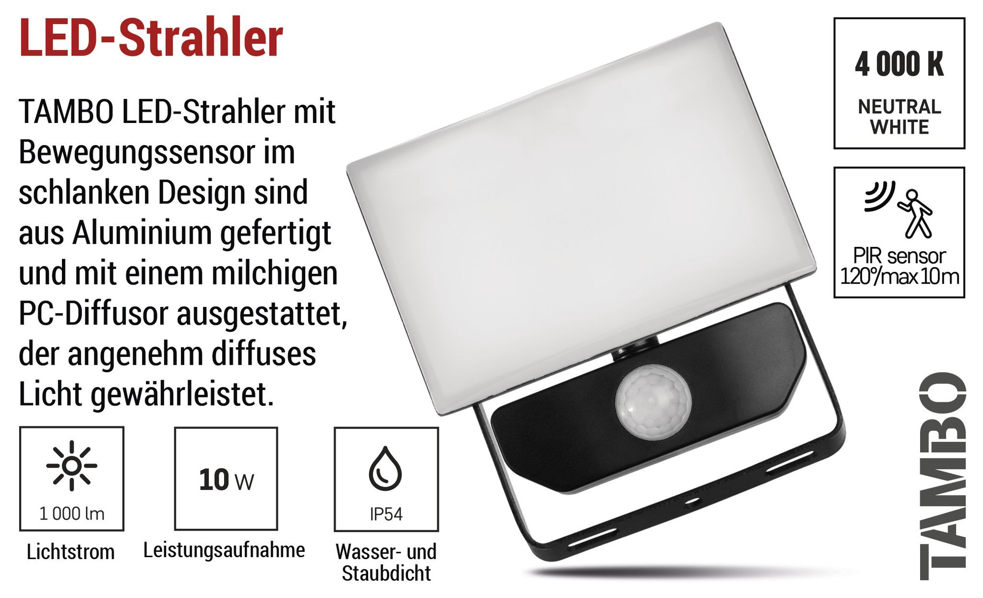 EMOS - LED-Strahler Tambo mit Bewegungsmelder - dünnes Aluminium Flutlicht - wasserdicht - neutralweiß - 1000 lm - 10 W - für Außen - schwarz, ZS2912