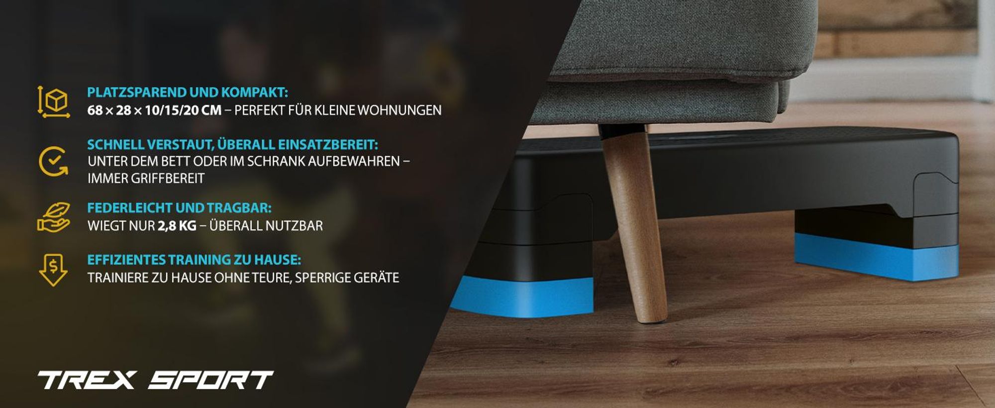 TREX SPORT Steppbrett höhenverstellbar TX-030AS | Aerobic Stepper 3 Stufen, rutschfest, Fitness Stepbench 68×28×10/15/20cm, bis 350kg belastbar | Blau