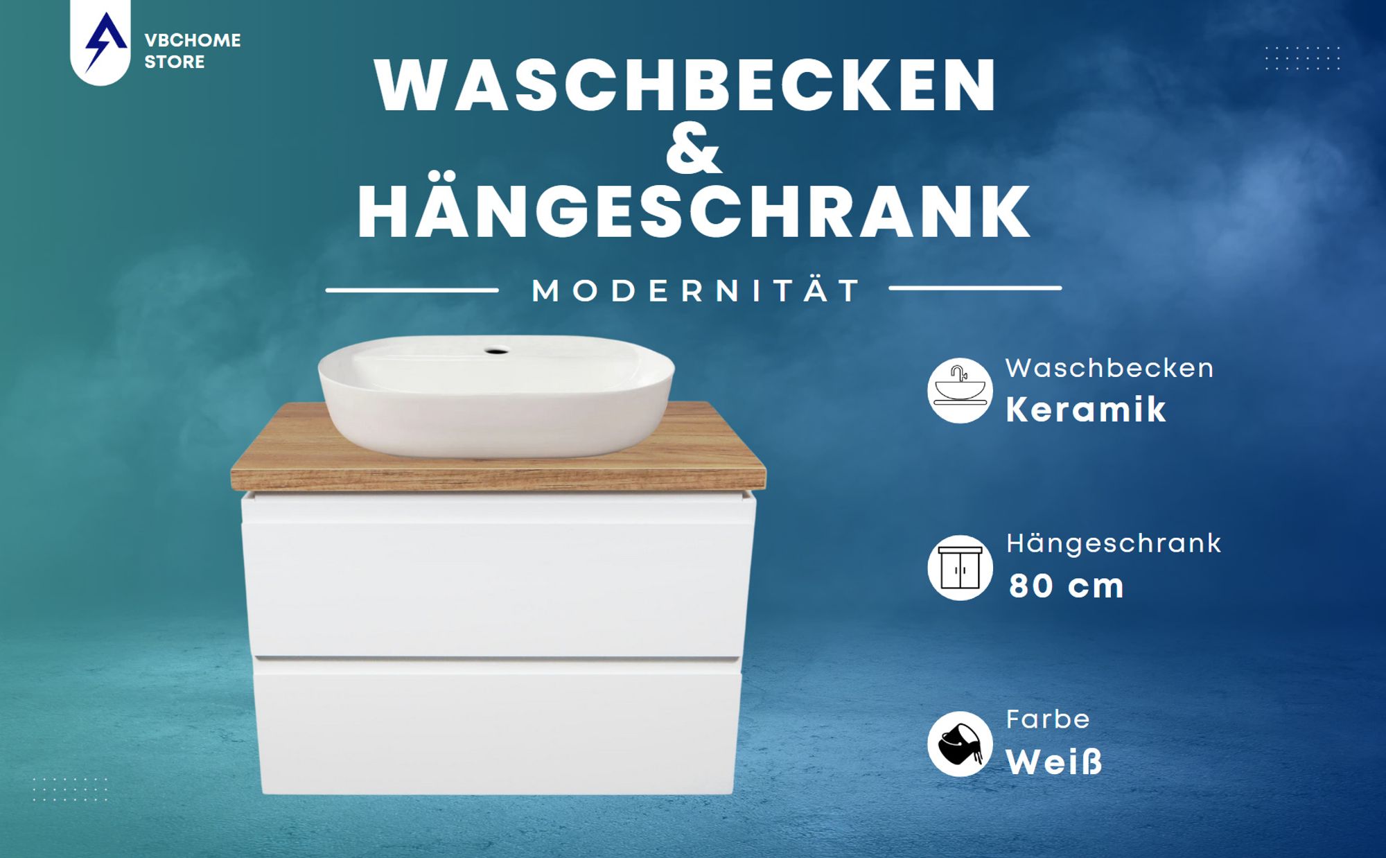 VBChome Badmöbel 80 cm Weiß Aufsatzwaschbecken mit Hahnloch 60x40 cm Aufsatzwaschtisch mit Waschbeckenunterschrank 2 Schubladen Badezimmerschrank