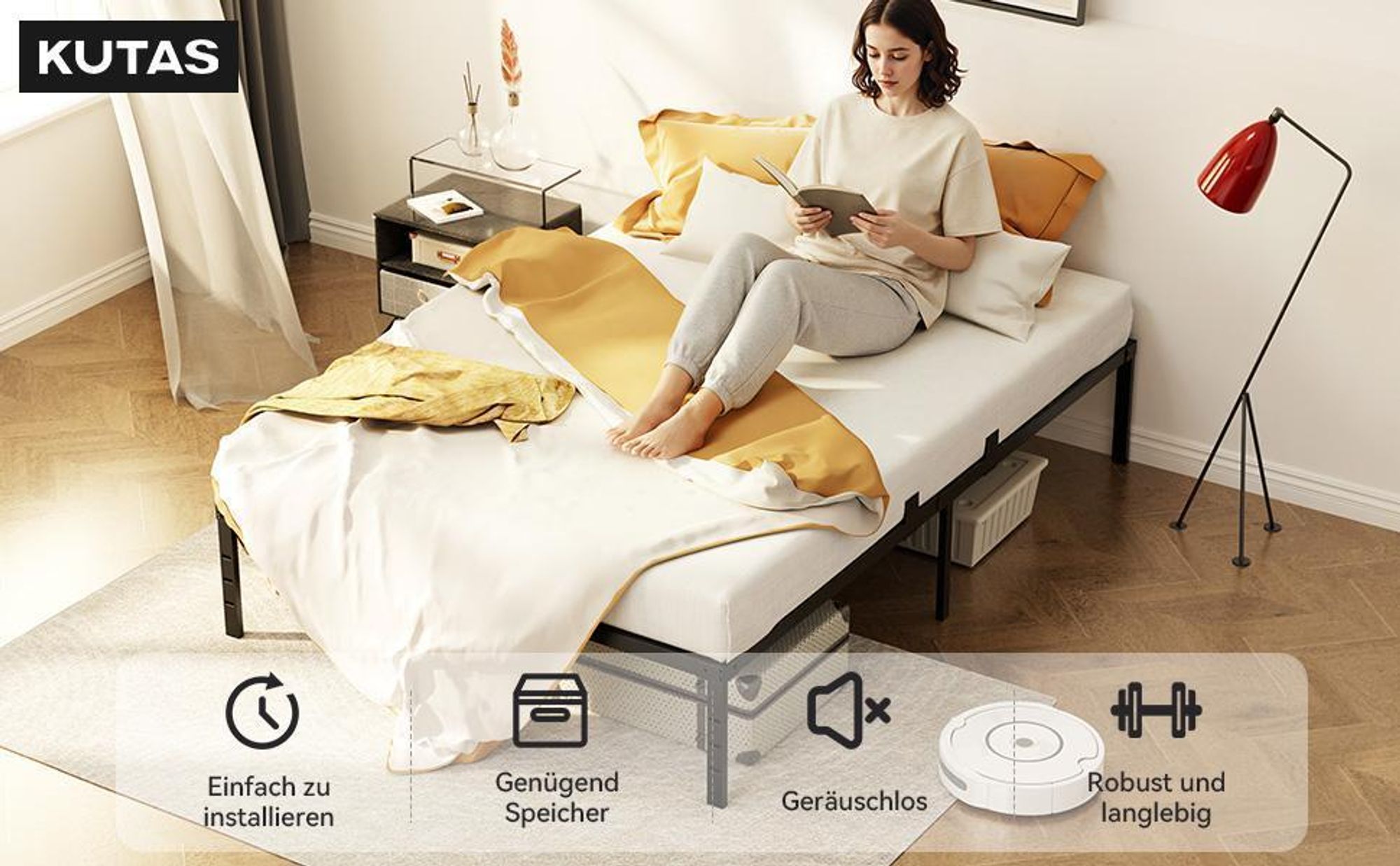 Bett 160 x 200 cm, Bettgestell mit Stauraum, Modernes Doppelbett KUTAS, Metallbett mit 14 Reihen Metalllamellen, Industriestil, bis 480 kg, Schwarz