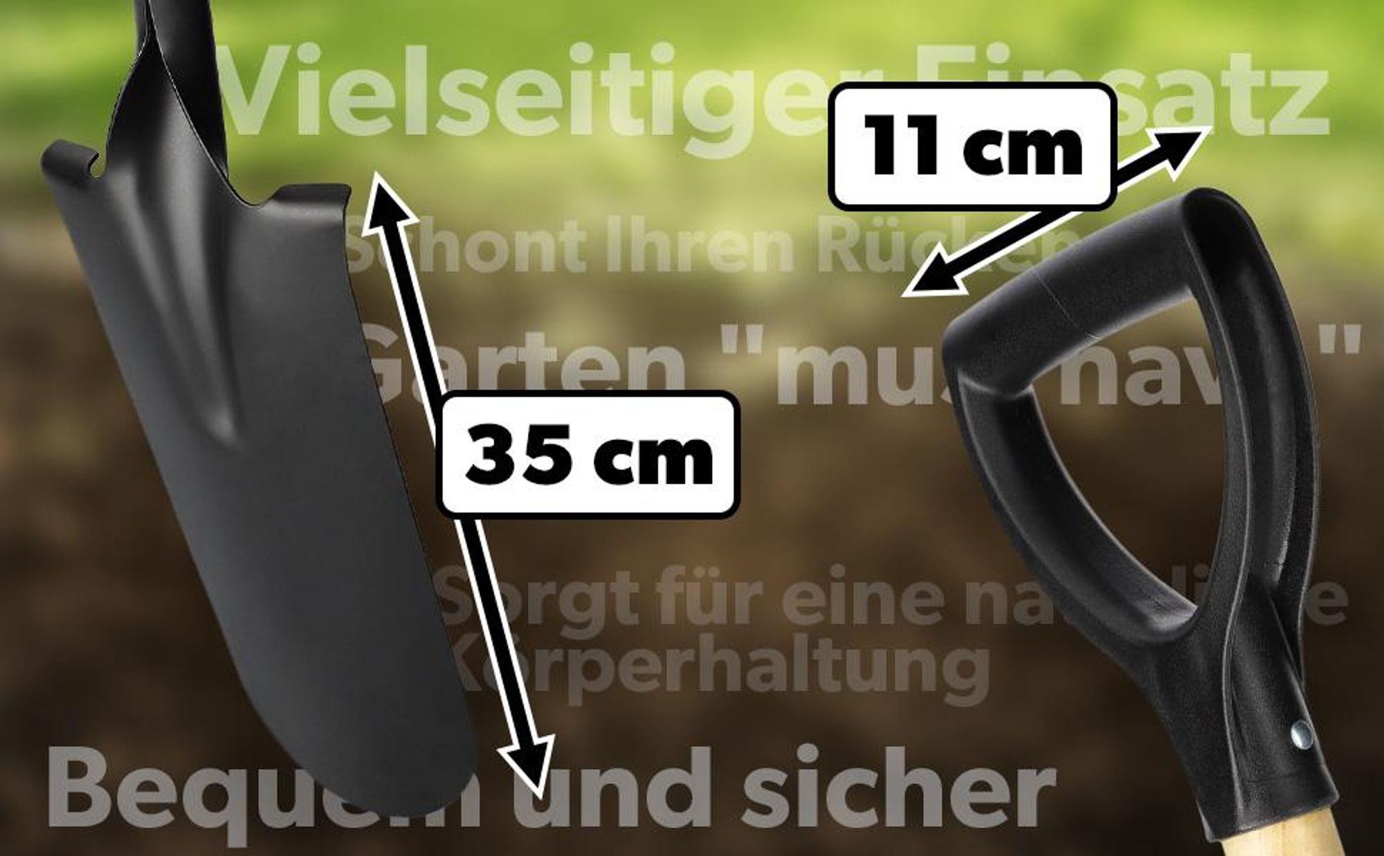 KADAX Spaten "Ladce", Gärtnerspaten aus Metall mit Stiel aus Holz, Schwarz, 110 cm