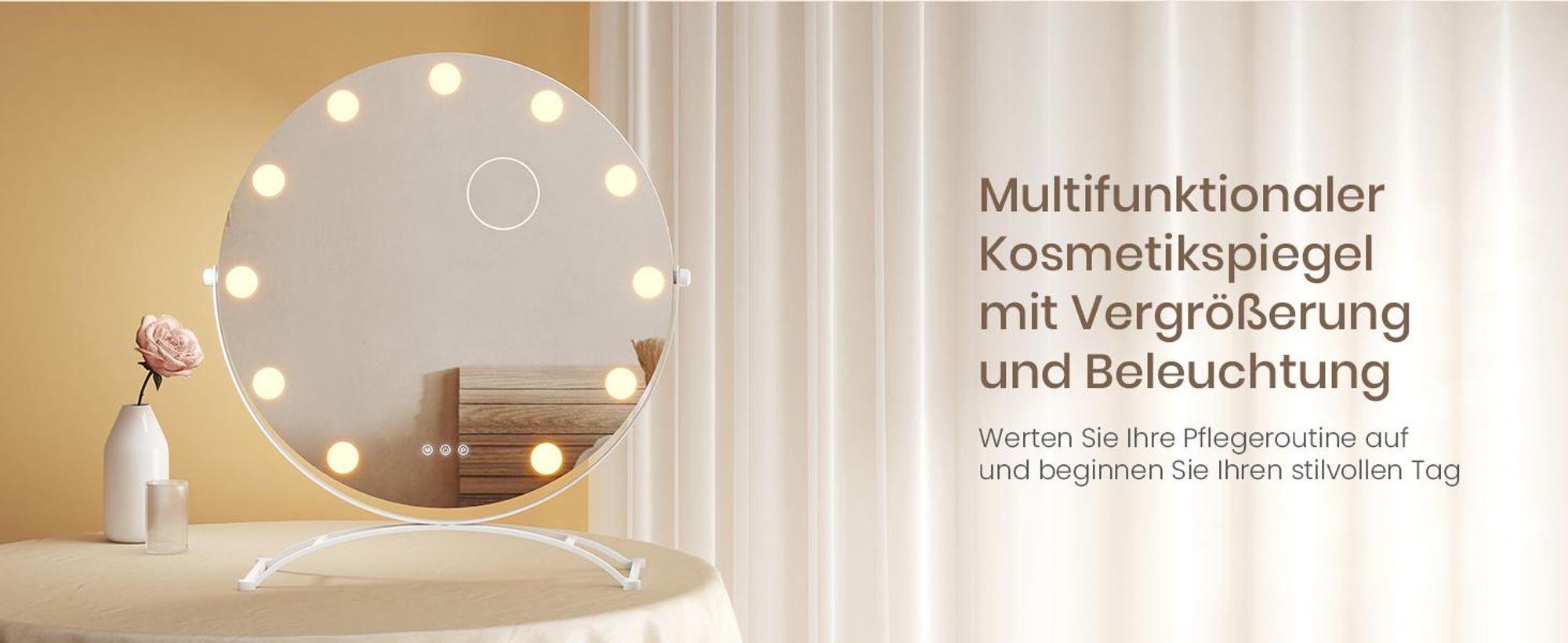 EMKE Kosmetikspiegel Hollywood 58X50cm Rund Schminkspiegel mit LED Beleuchtung und Vergrößerung 7x, 3 Lichtfarben Dimmbar, Weiß