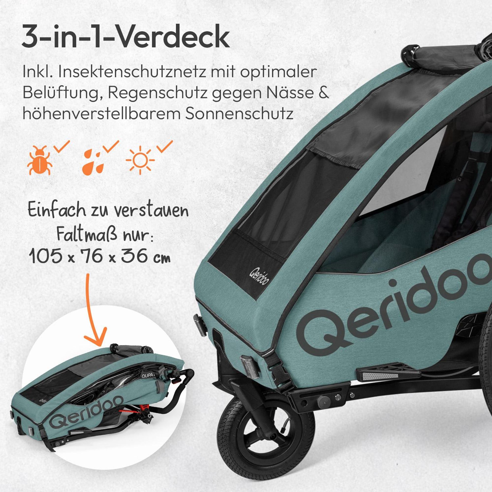 Qeridoo QUPA Plus 2 - Kinderfahrradanhänger für 2 Kinder, Farbe: Mineral Blue