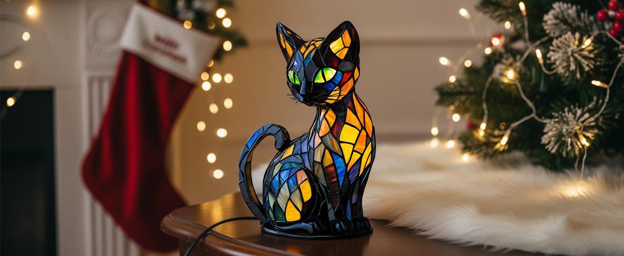 Katzen Lampe, Katzenlampe Mosaik, Nachttischlampe, USB Nachtlicht Katze mehrfarbig, vintage buntglas lampe, Bedside lamp, Schlafzimmer Deko Geschenk