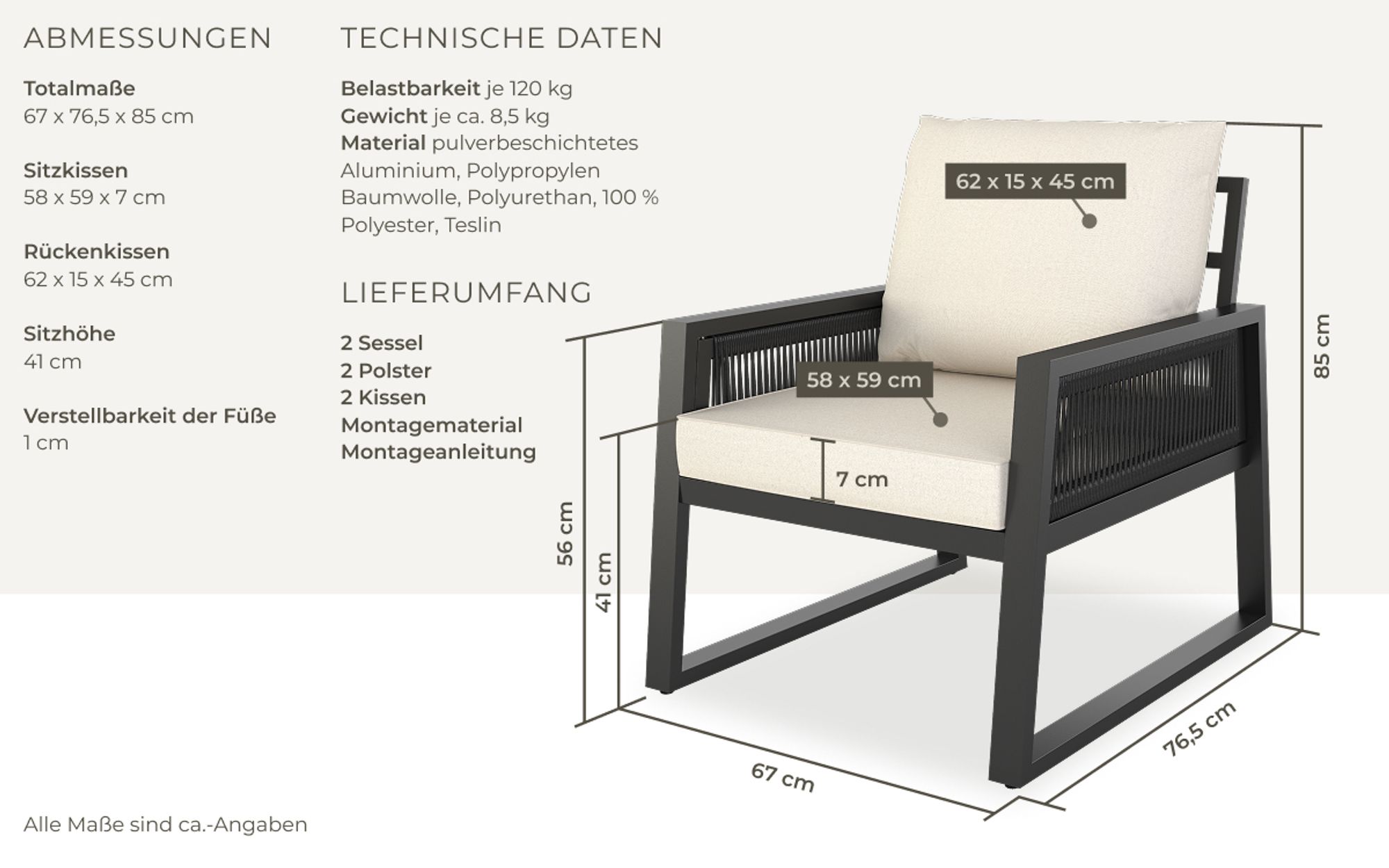 tectake® Aluminium Garten-Lounge Set Captive im Rope-Design