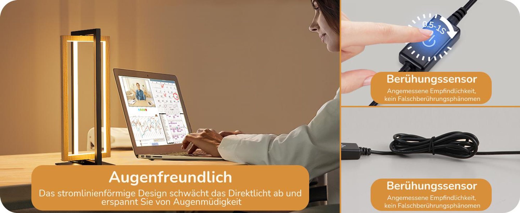 EDISHINE LED Tischlampe Touch Dimmbar, Rotatable Nachttischlampe, Schwarz Holz