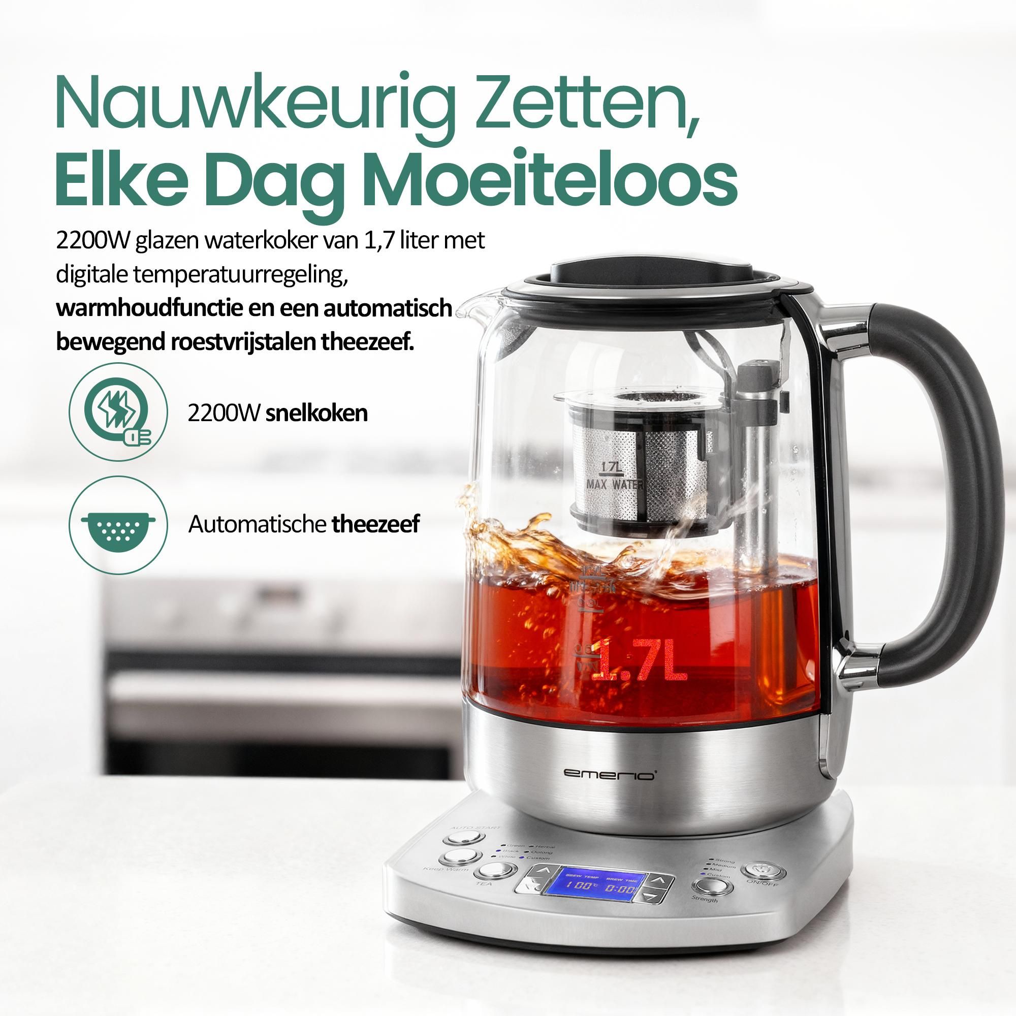 Emerio Glazen Waterkoker WK-122248 – 1,7 Liter – 2200 W – Digitaal – 5 Temperatuurstanden – Warmhoudfunctie – Automatische Theezeef – RVS/Glas