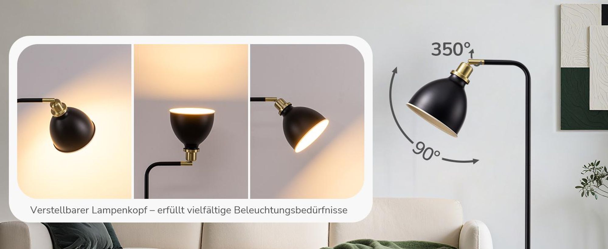 EDISHINE Stehlampe Schwarz, Retro Stehleuchte inkl. LED Leuchtmittel, Verstellbarer Kopf, mit Metall Lampenschirm, Leselampe für Wohnzimmer & Büro