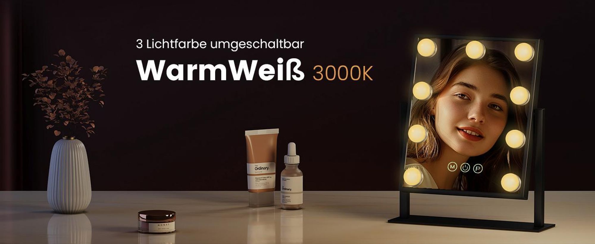 EMKE Hollywood Kosmetikspiegel 85x364x475mm mit 7x Vergrößerungsspiegel, Schwarz Schminkspiegel mit intelligent Touchscreen und 3 Lichtfarben, 12 Dimmer-LED-Leuchten, 360° drehbar und Memory-Funktion