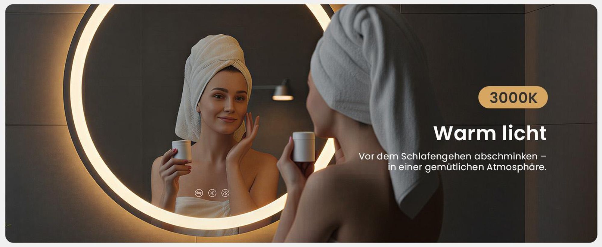 LED Badezimmerspiegel 70cm Rund, 3 Lichtfarben Badspiegel mit Touch und Anti Beschlag, IP67 Wasserdicht, Dimmbar Badezimmer Spiegel, Wandspiegel