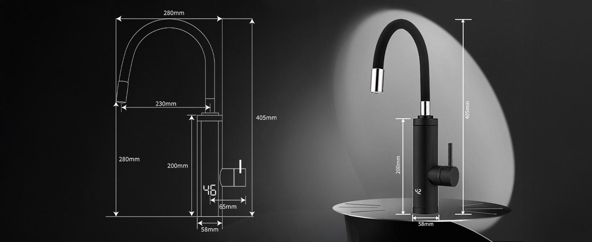 HOMELODY Elektrischer Wasserhahn mit Durchlauferhitzer 3300W, Armatur Küche 304 Edelstahl mit 360° Flexibler Schlauch LED Temperaturanzeige Schwarz