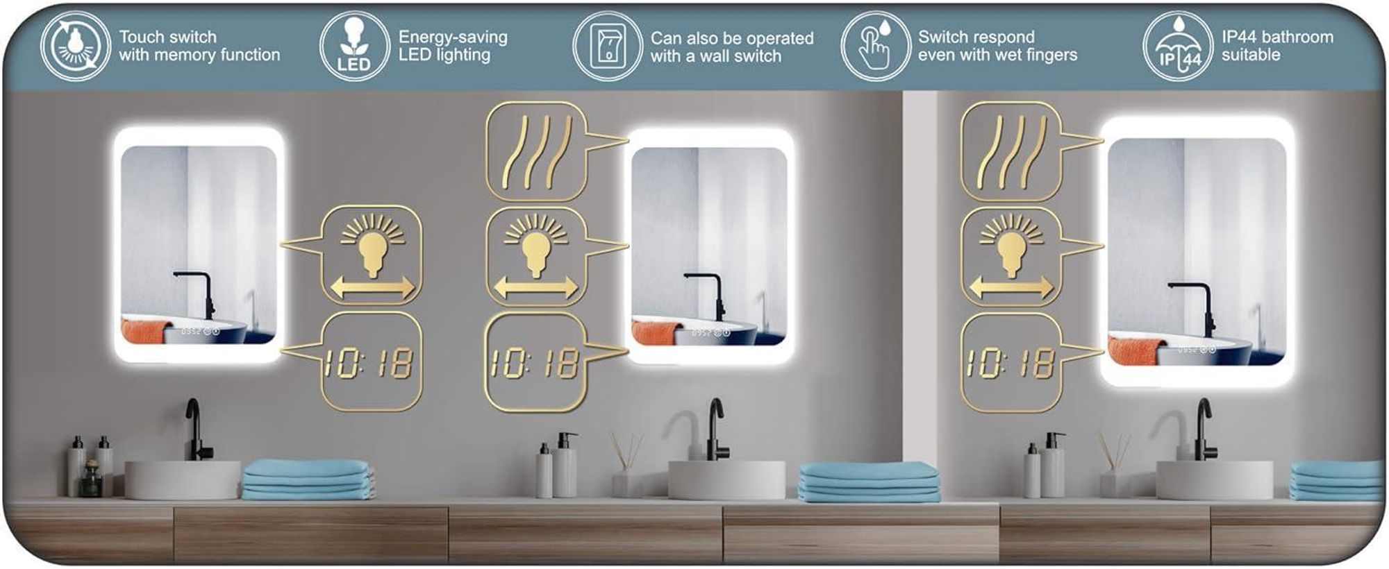HOKO miroir mural LED 50x70 cm - Miroir de salle de bain moderne avec éclairage & horloge digitale