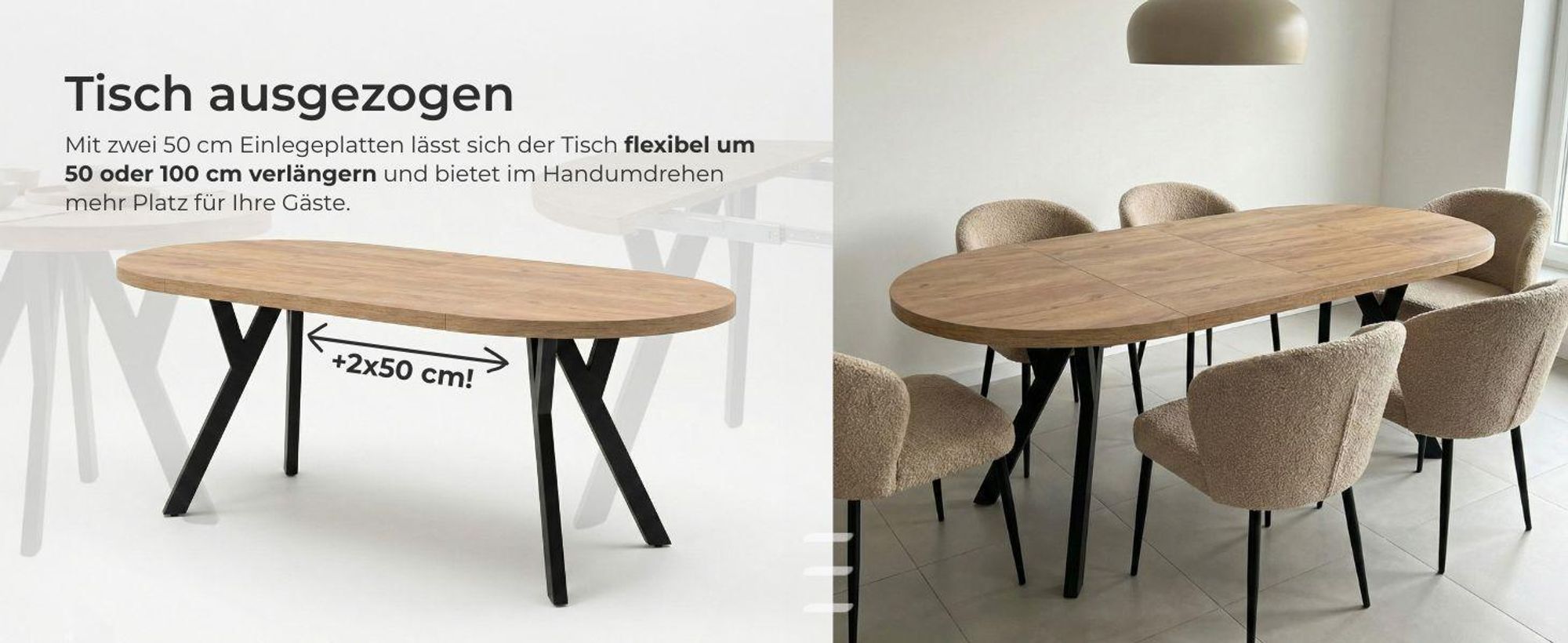 Runder Ausziehbarer Tisch für Esszimmer, PERO, Loft-Stil, Skandinavische, Durchmesser: 110 / 210 cm, Farbe: Eiche Wotan / Schwarz