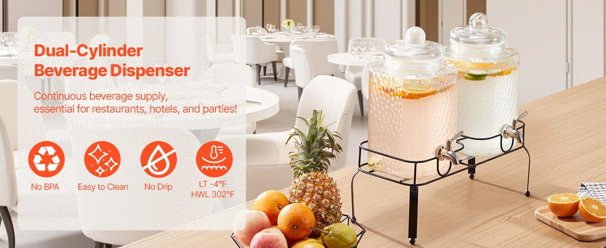 VEVOR Getränkespender, 11,4 Liter Getränkespender für Partys, Kunststoff-Saftspender mit Auslauf und Deckel, Eistee-Limonade-Saft-Wasserspender, für Restaurants, Hotels, Partys, 2er-Pack, 2 x 1.5 Gallonen-a