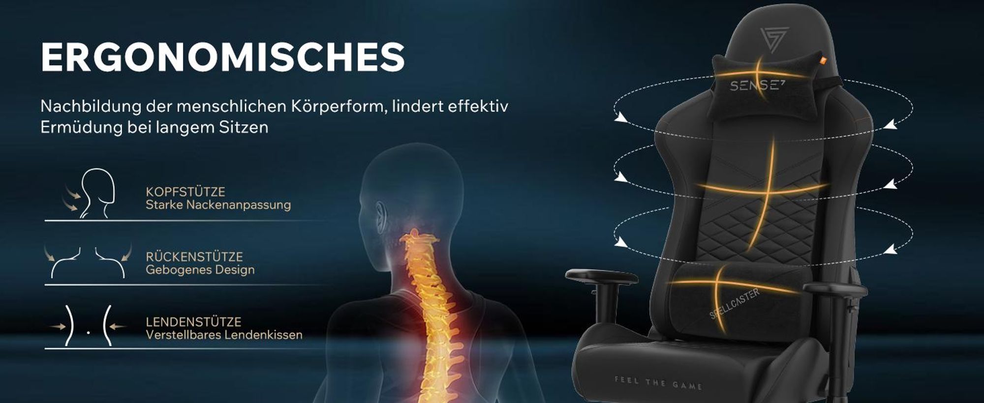 SENSE7 Spellcaster SENSHI XL Gaming Stuhl Schwarz - Ergonomischer Bürostuhl für große Personen 160kg Chefsessel Kaltschaum 2D-Armlehnen