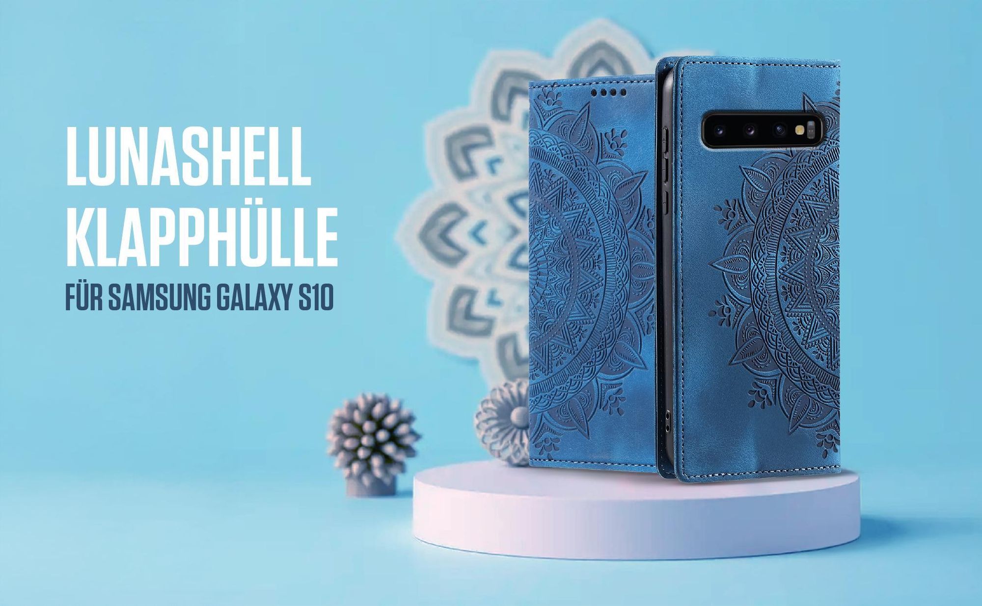 Blaue Klapphülle für Samsung Galaxy S10 mit feiner Mandala Prägung