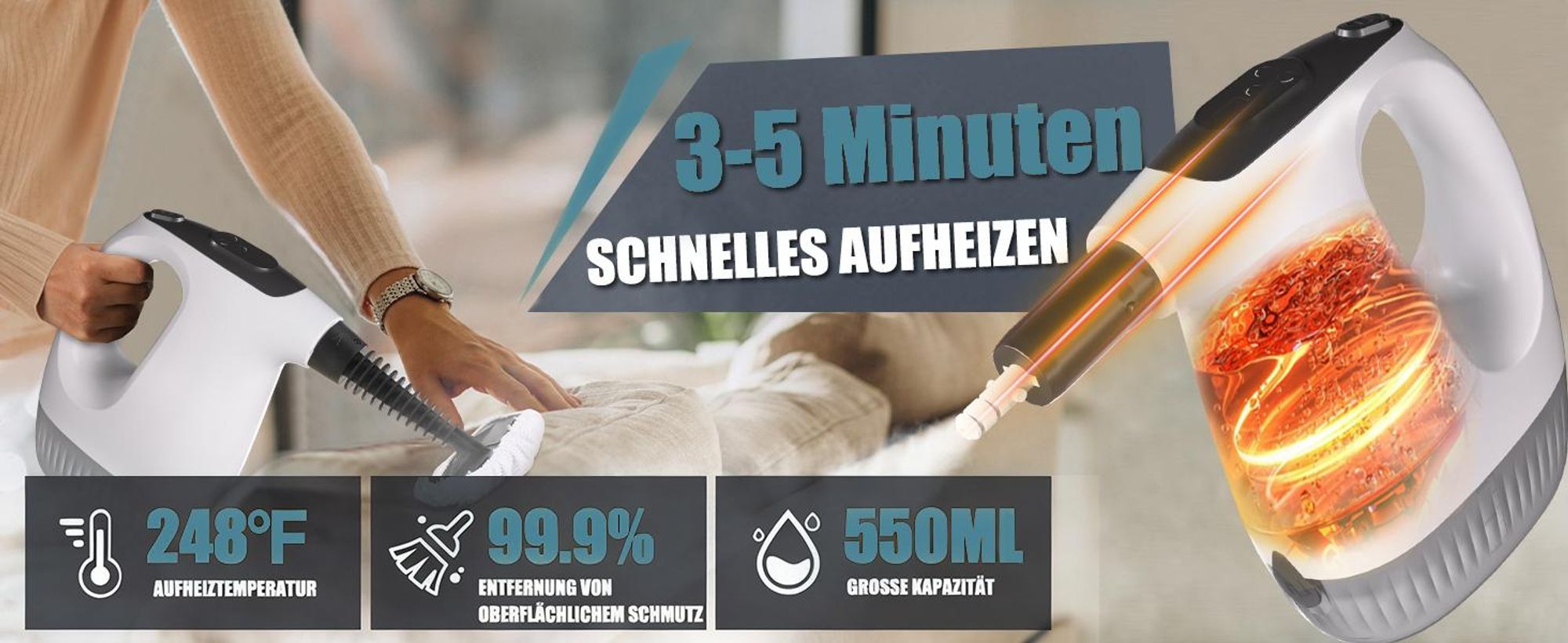 1200W Dampfreiniger | 3-Gang, 15s Aufheizzeit | 120℃ Handdampfreiniger | 500ml Steam Cleaner mit Zubehör| 360° Dampfdüse | entfernt Fett, Schmutz