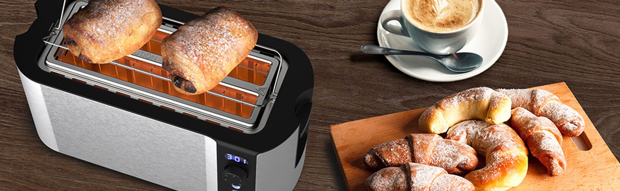 Balter Toaster 4 Scheiben, Edelstahl, Langschlitztoaster mit Brötchenaufsatz, 1500W, LCD Display, Defrost-/Aufwärmfunktion, Krümelschublade, Silber
