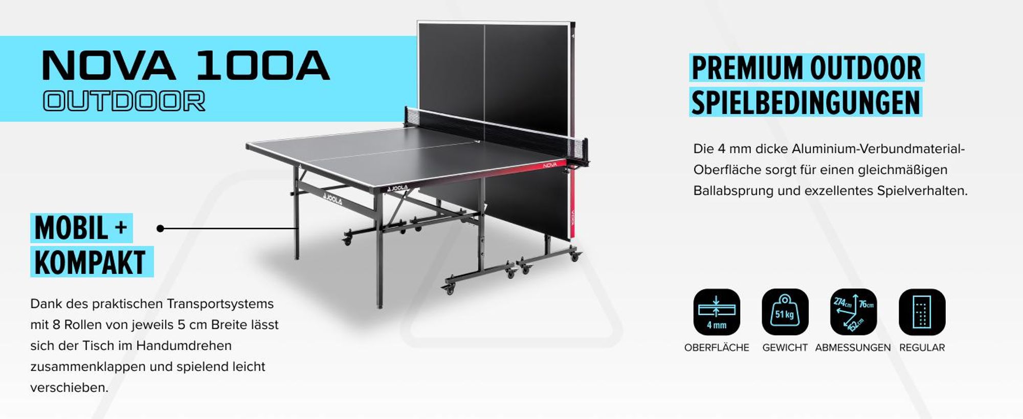 JOOLA Outdoor Tischtennisplatte Nova 100A - Profi Tischtennistisch 4 MM Aluminium-Verbundoberfläche Wetterfest - Klappbares Untergestell, inkl. Netz