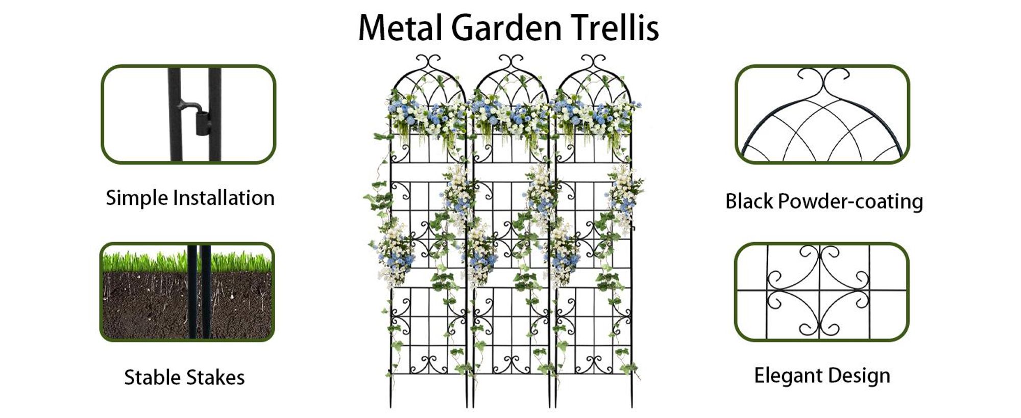 WISFOR Rankhilfe Metall, 3er Set, rostfreies Metallspalier für Gartenblumen, Rankgitter für Rosen, Gurkenstütze, Pflanzengitter, 148 x 220 cm
