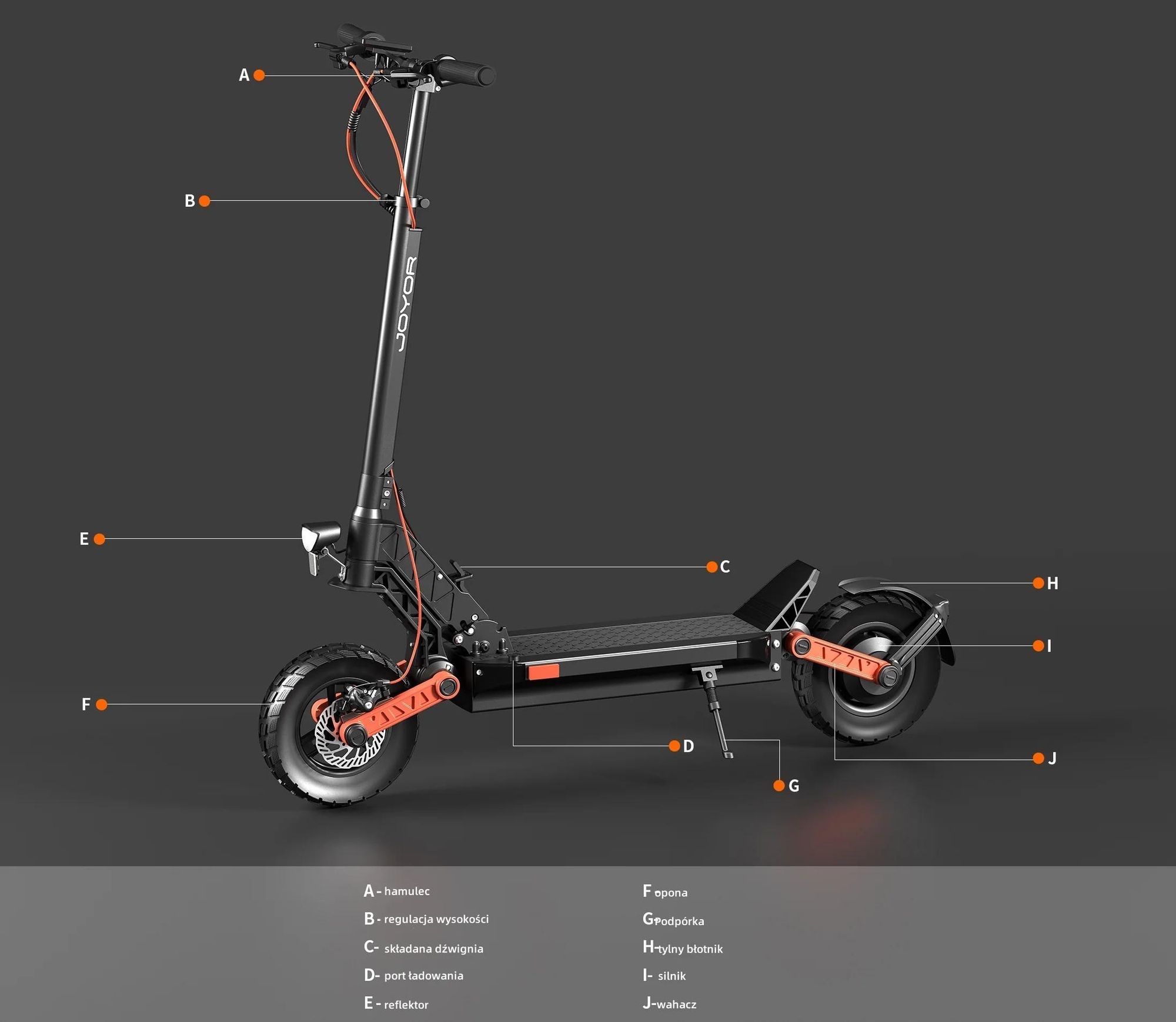 Hulajnoga elektryczna JOYOR S5 PRO z certyfikatem ABE - silnik 500 W, akumulator 48 V26 Ah, zasięg 55 km, hamulec tarczowy - czarny