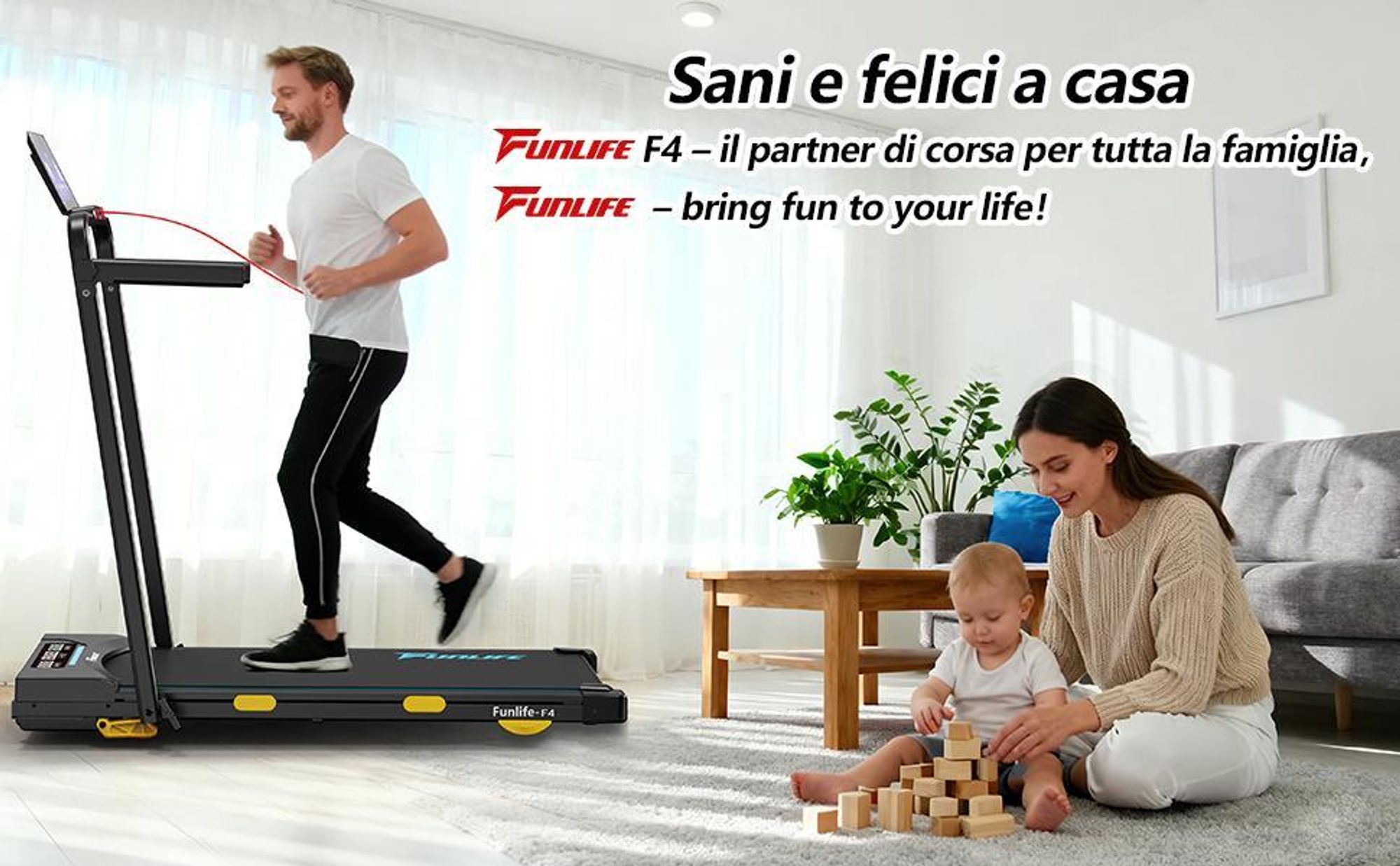 FunLife F4 Tapis roulant per uso domestico con inclinazione, walking pad pieghevole, walking pad da scrivania, motore potente e silenzioso, doppio comando, compatto con ammortizzazione, blu