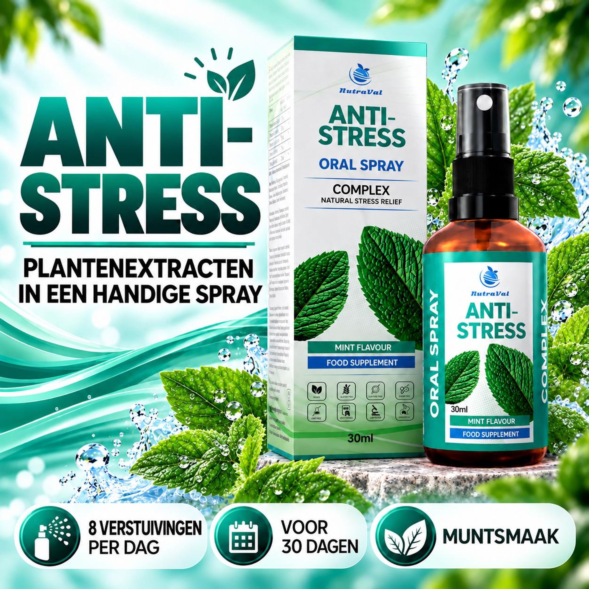 Stress Spray – Ashwagandha, Rhodiola, Reishi & Schisandra – Cortisol verlagen & Stressbestendigheid – Vegan, 30 ml - BEST BEFORE 10/2026