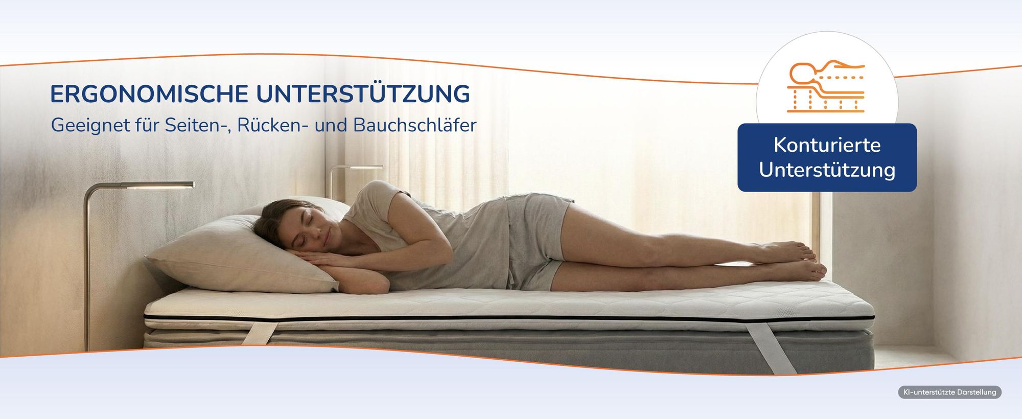 Frau in Seitenlage auf dem Topper, daneben der Hinweis konturierte Unterstuetzung