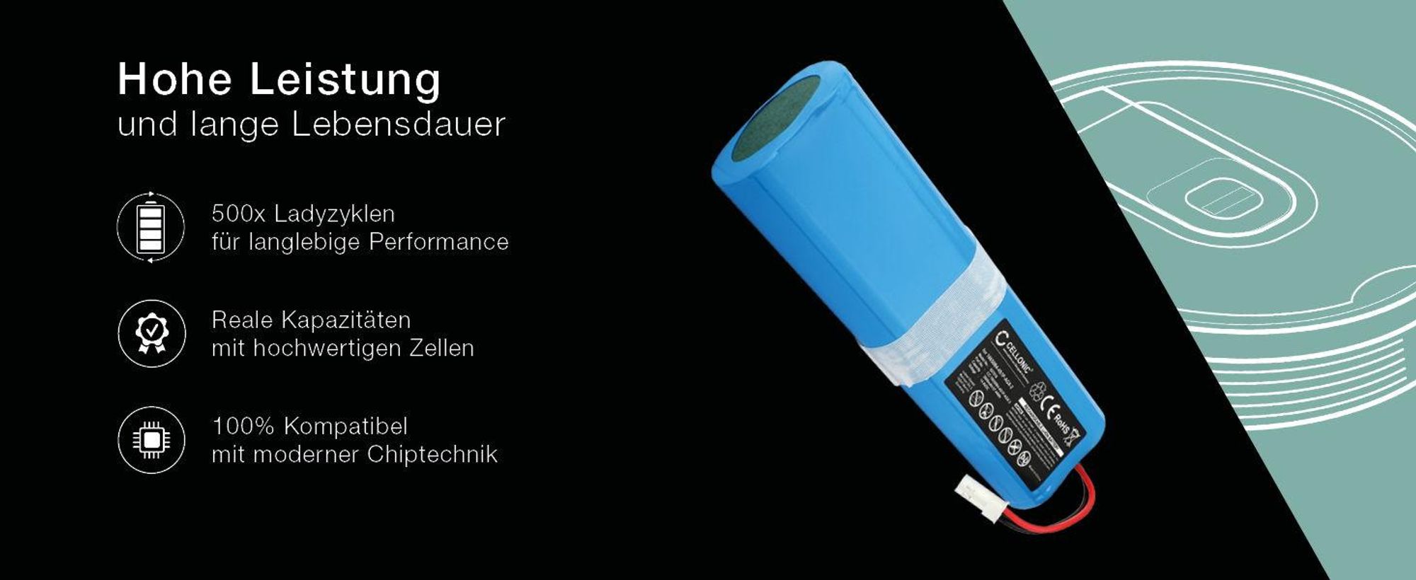 CELLONIC 1x Akku für Staubsauger Kompatibel mit ZACO V3, V40, Kompatibel mit ILIFE V5s Pro, Kompatibel mit ZACO SUN-INTE-202 - (2600mAh, 14.4V)