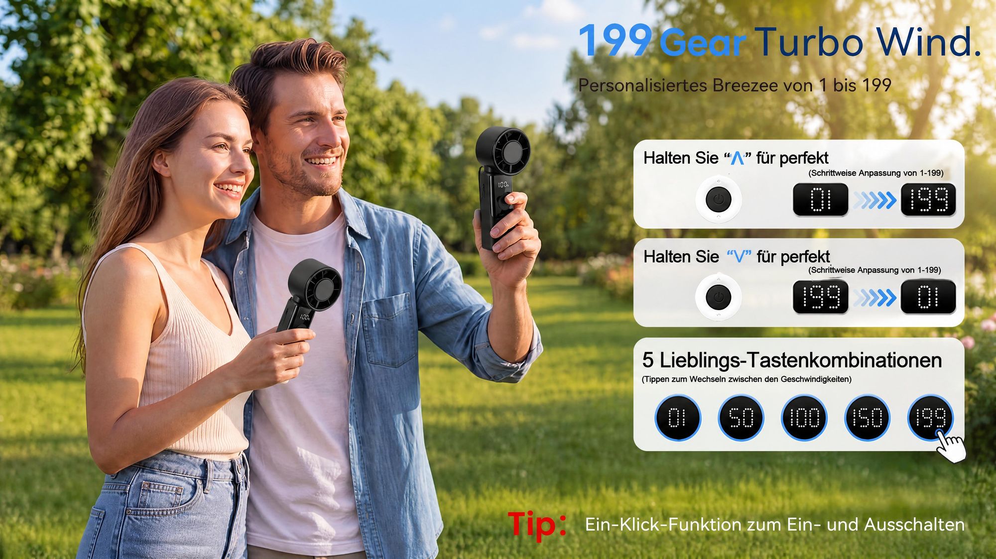 Tragbarer Handventilatoren USB, Faltbar Mini Ventilator Leise mit 4000 mAh Akku bis 16 Std. Laufzeit, LED-Display, 1-199 Geschwindigkeitsstufen