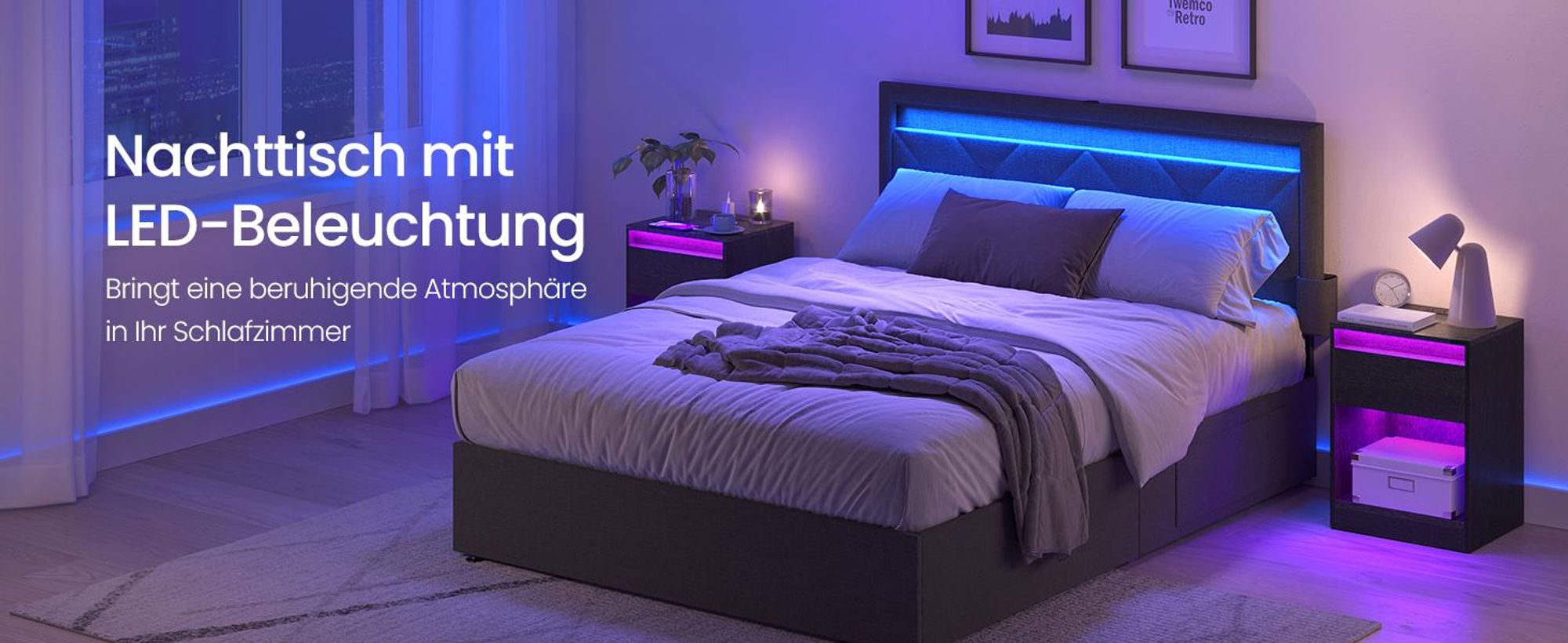 Nachttisch mit einstellbarer LED-Beleuchtung, 2er Set,