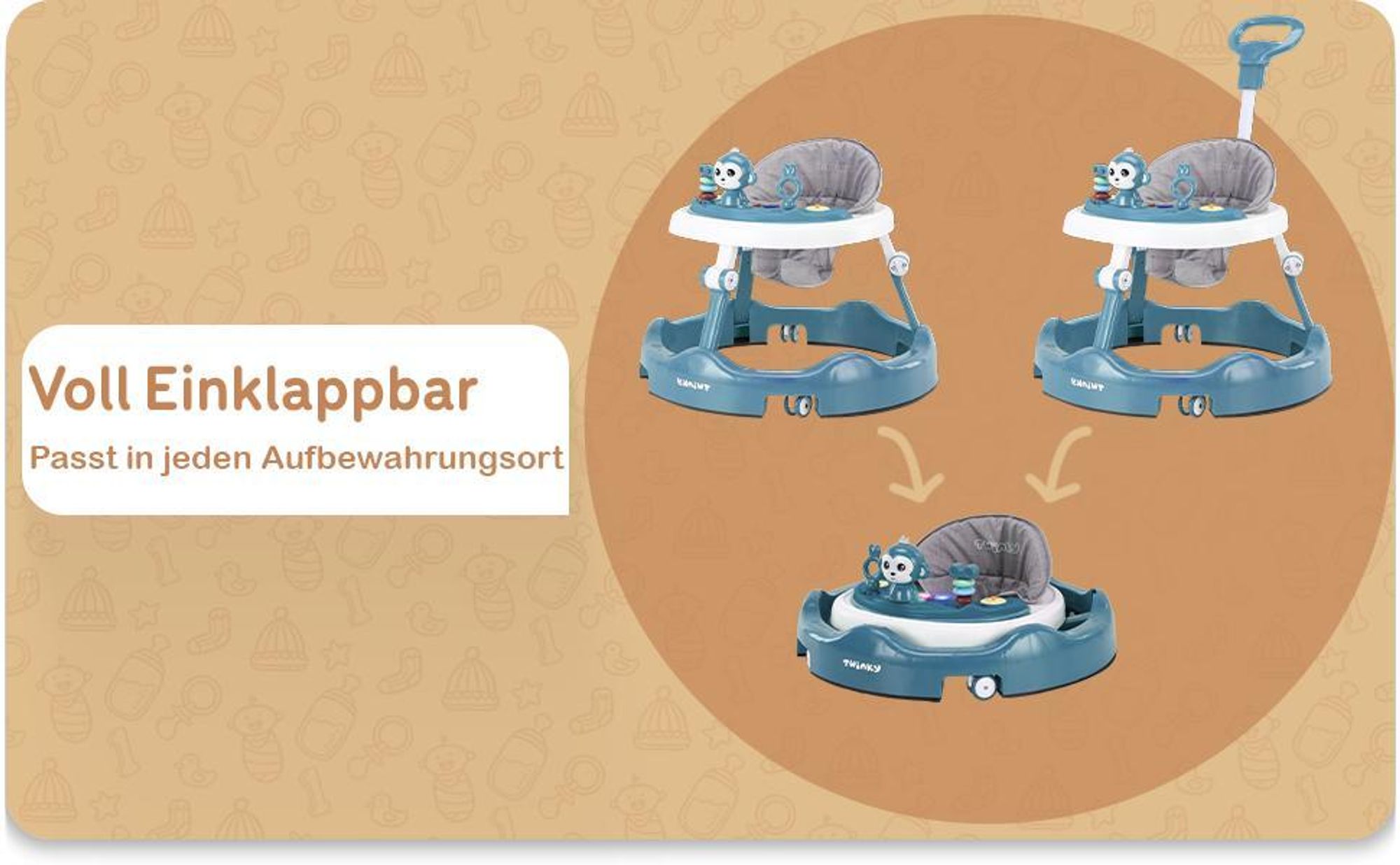 Twinky® Lauflernhilfe in Azur Blau | Lauflernwagen mit Spielset und Zubehör für sicheres und spielerisches Lernen | inkl. Fußmatte und Haltegriff