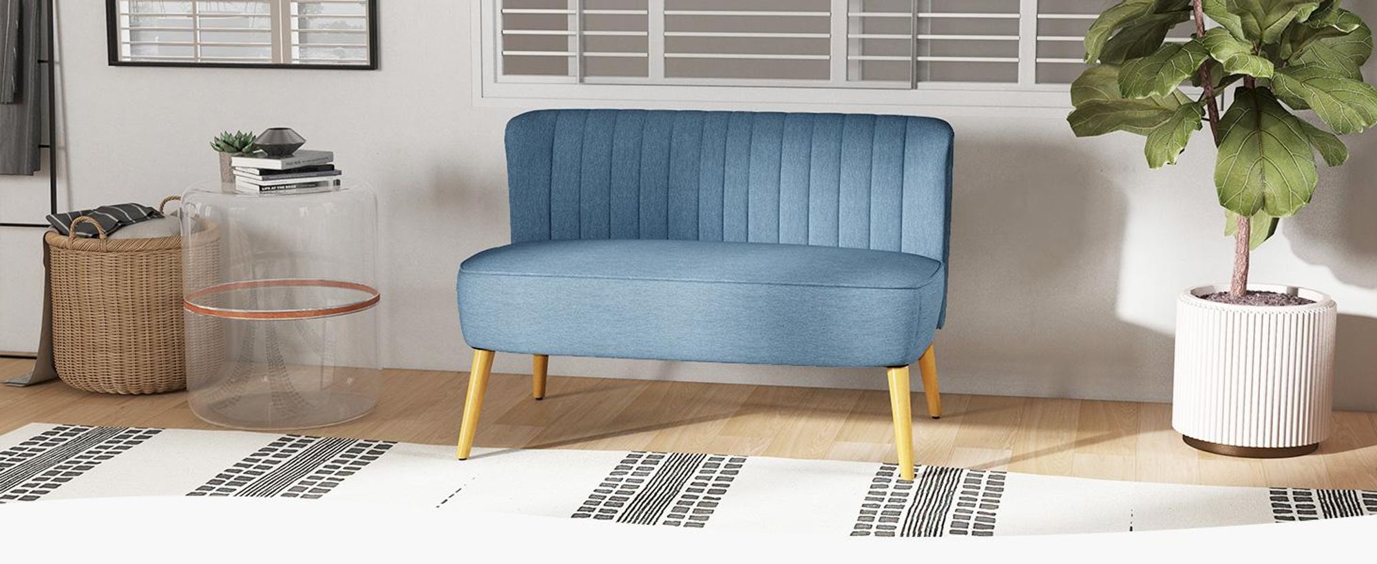 Sofa dwuosobowa HOMCOM, mała sofa dwuosobowa z lnianym wzorem, nowoczesna tapicerowana sofa do salonu, sypialni, małej przestrzeni, niebieska, 117 x 56,5 x 77 cm