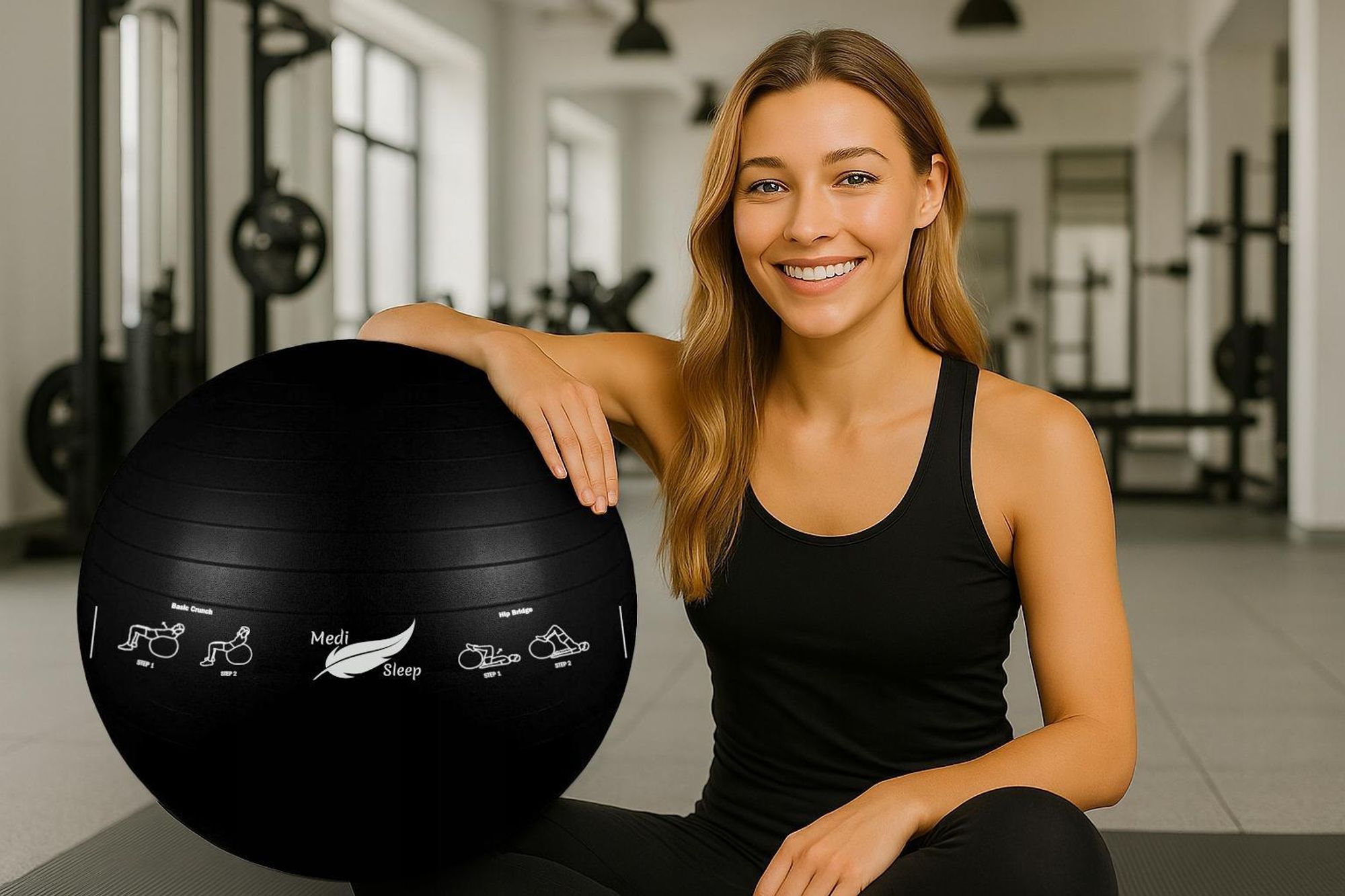 Gymnastikball 65 cm mit Luftpumpe - Sitzball, Trainingsball, Yogaball, Pilatesball - Fitnessball für Core Training mit gezeichneten Übungen - Schwarz